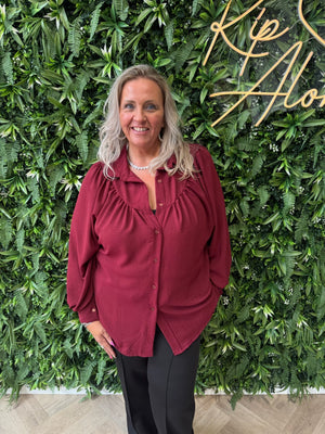 Blouse geplooid halsdetail uni bordeaux