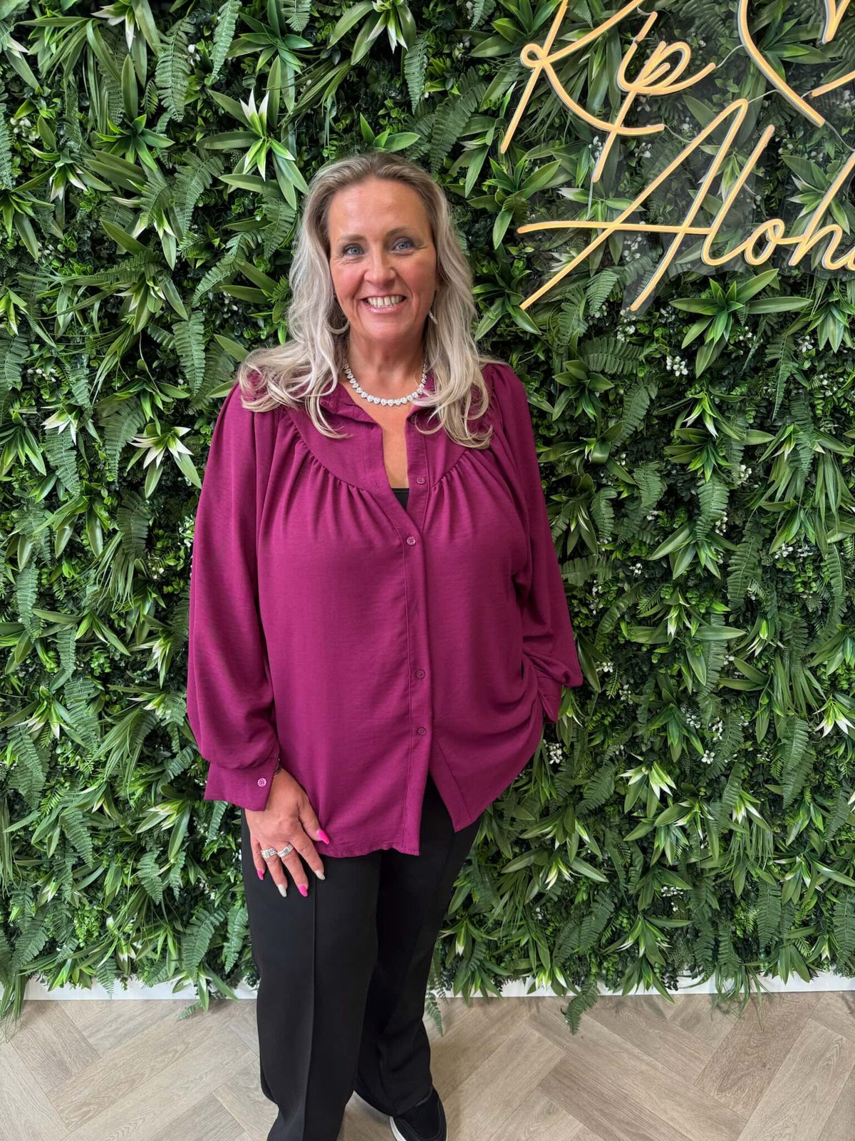Blouse geplooid halsdetail uni cyclaam