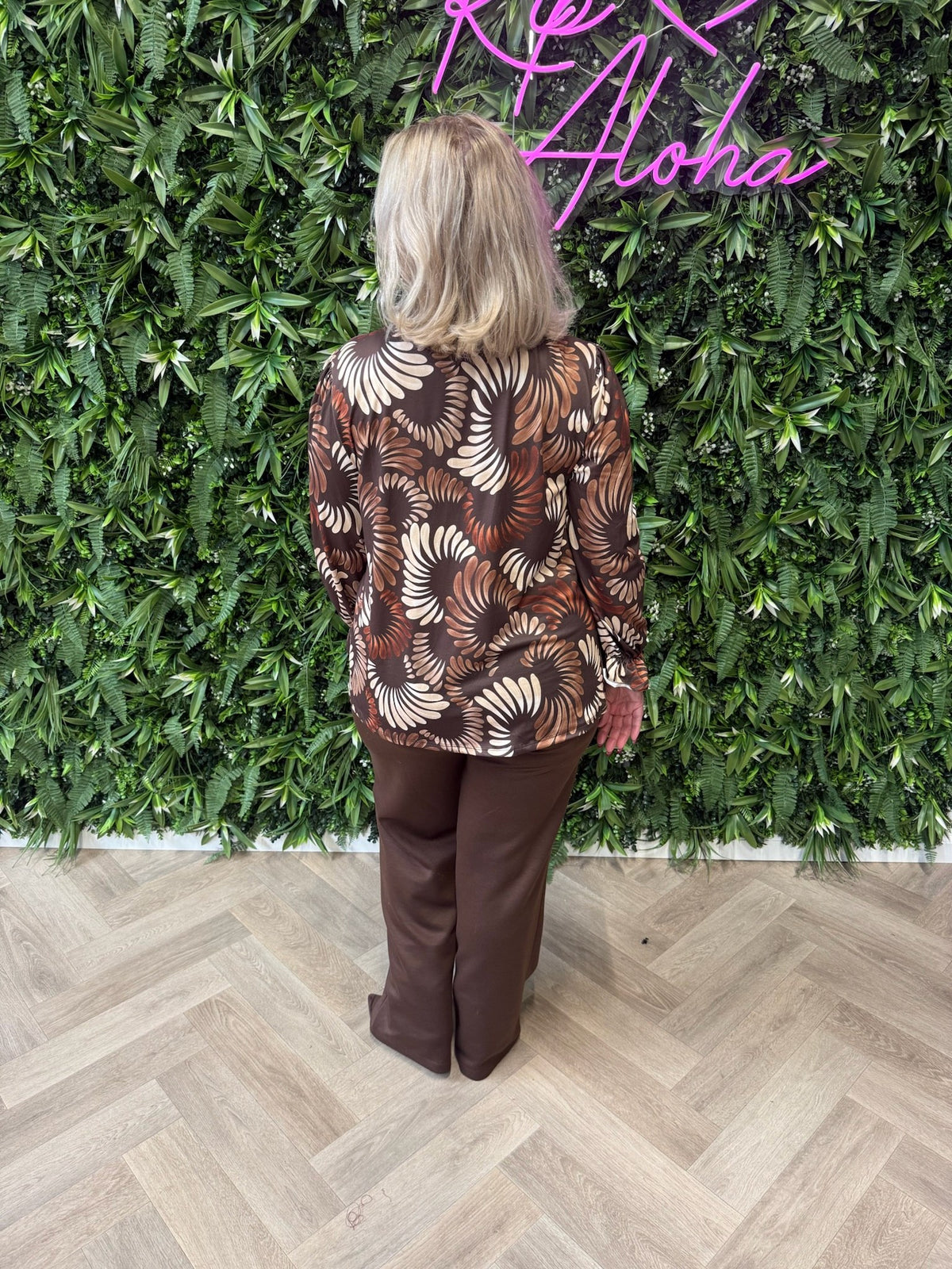 Top smock kraag bladeren print bruin