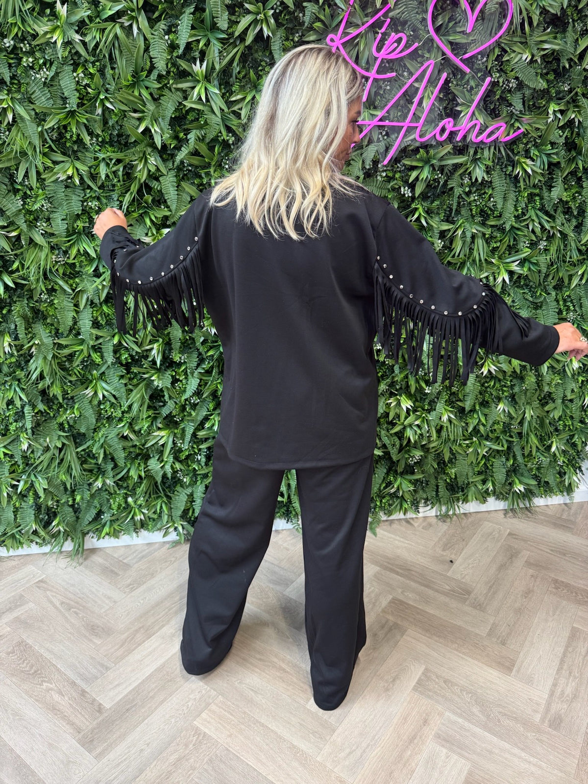Tweedelig pak blazer met studs en franjes zwart