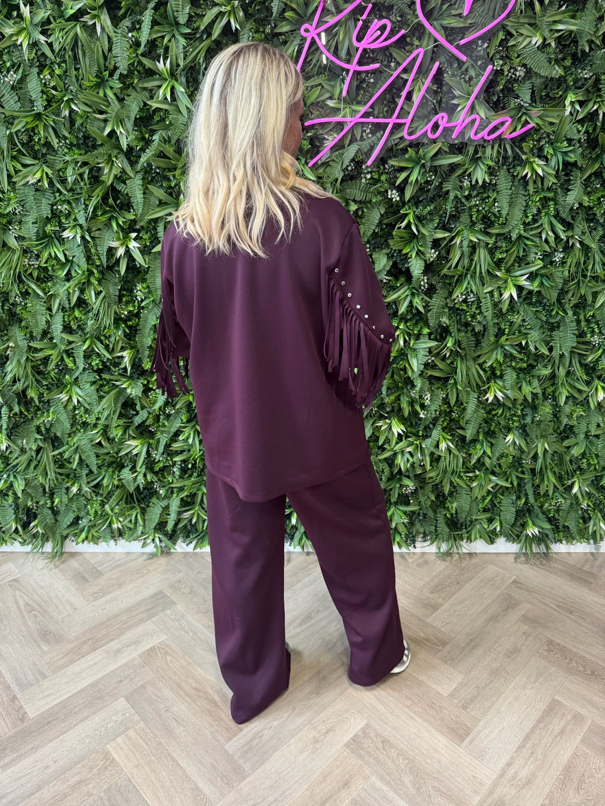 Tweedelig pak blazer met studs en franjes aubergine