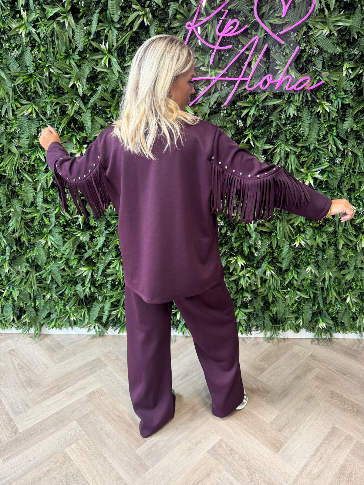 Tweedelig pak blazer met studs en franjes aubergine