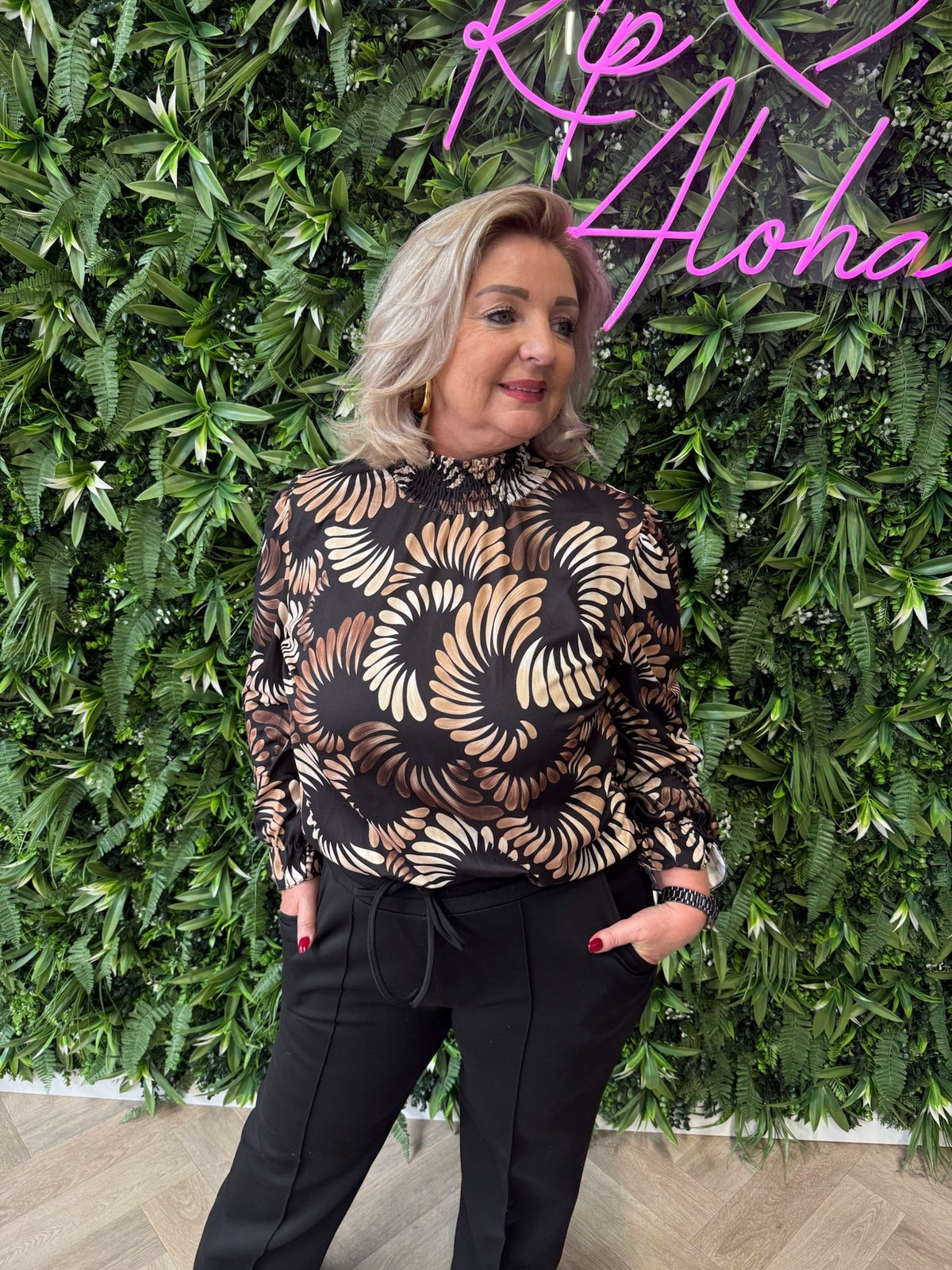 Top smock kraag bladeren print zwart