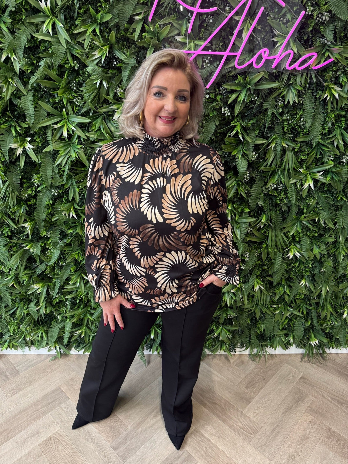 Top smock kraag bladeren print zwart