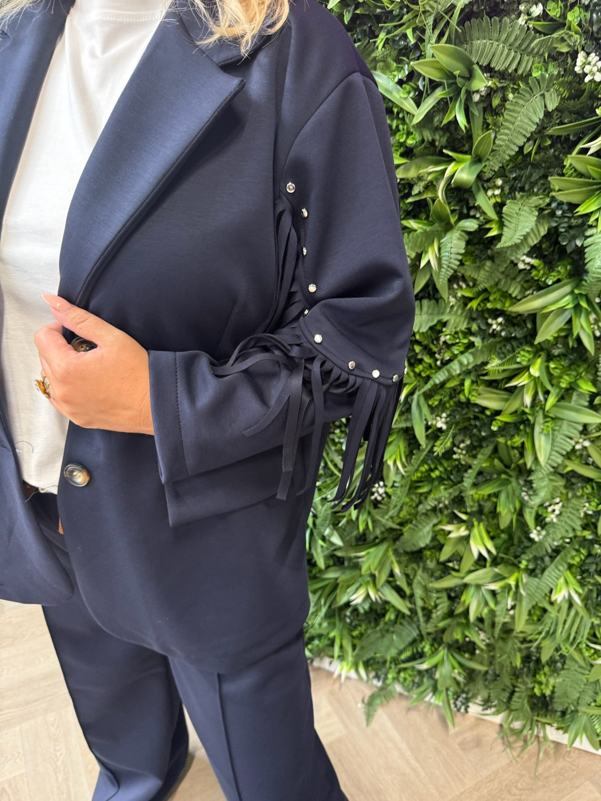Tweedelig pak blazer met studs en franjes marineblauw