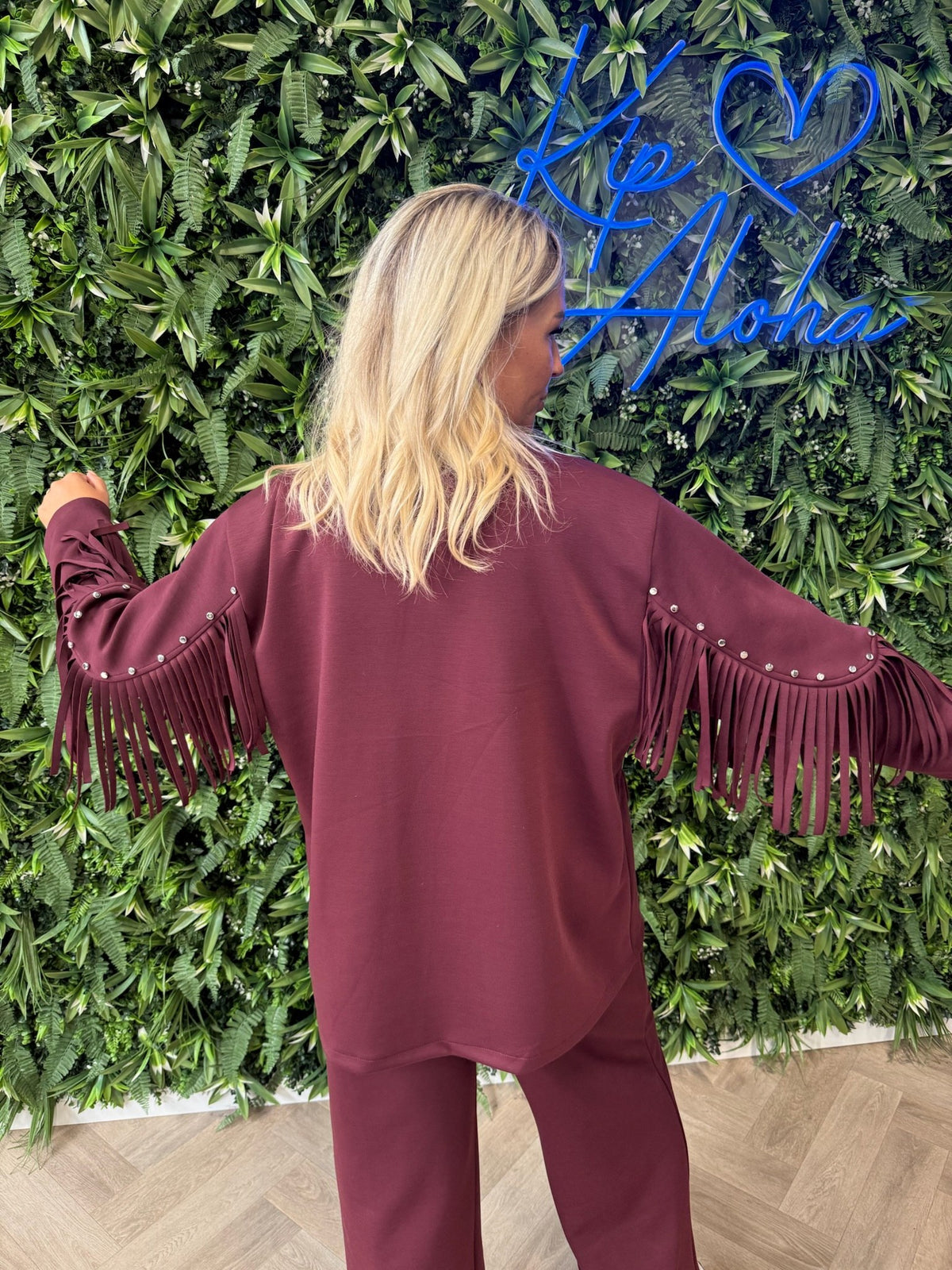 Tweedelig pak blazer met studs en franjes bordeaux