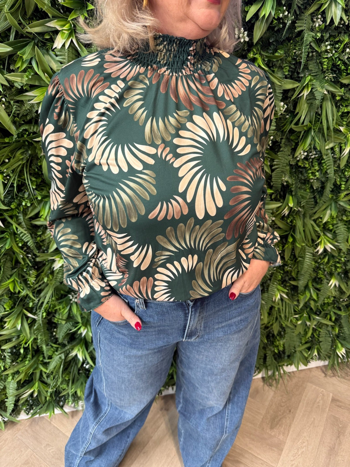 Top smock kraag bladeren print flessengroen