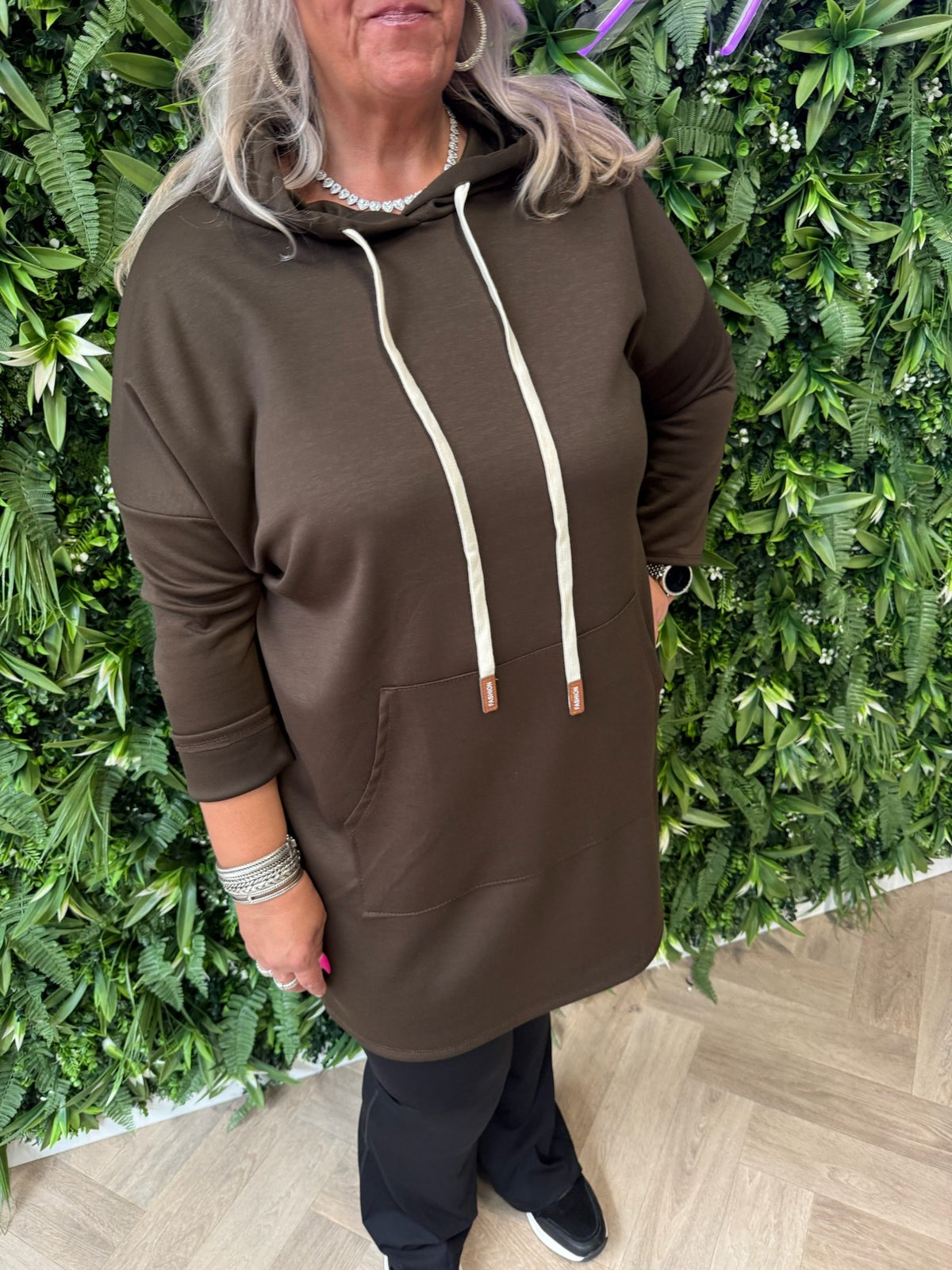 Sweaterdress met capuchon uni donkerbruin