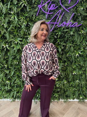 Top v-hals print druppel aubergine
