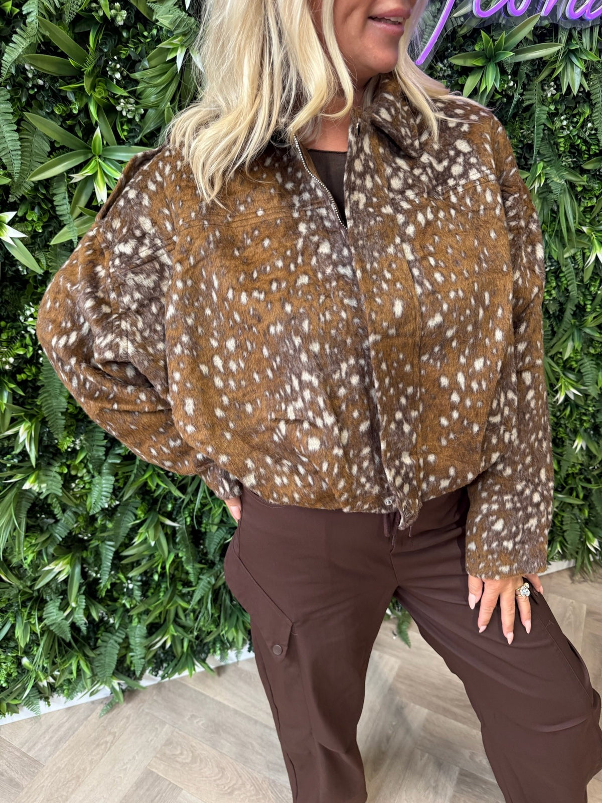 Bomber jasje bambi print camel