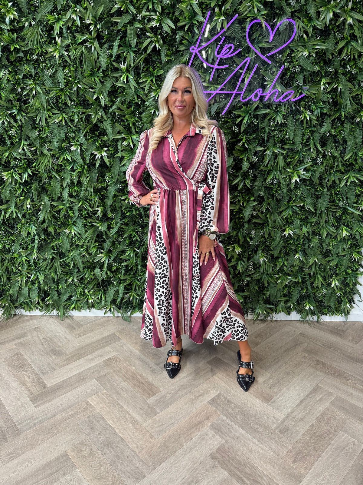 Lange overslag jurk panter bordeaux