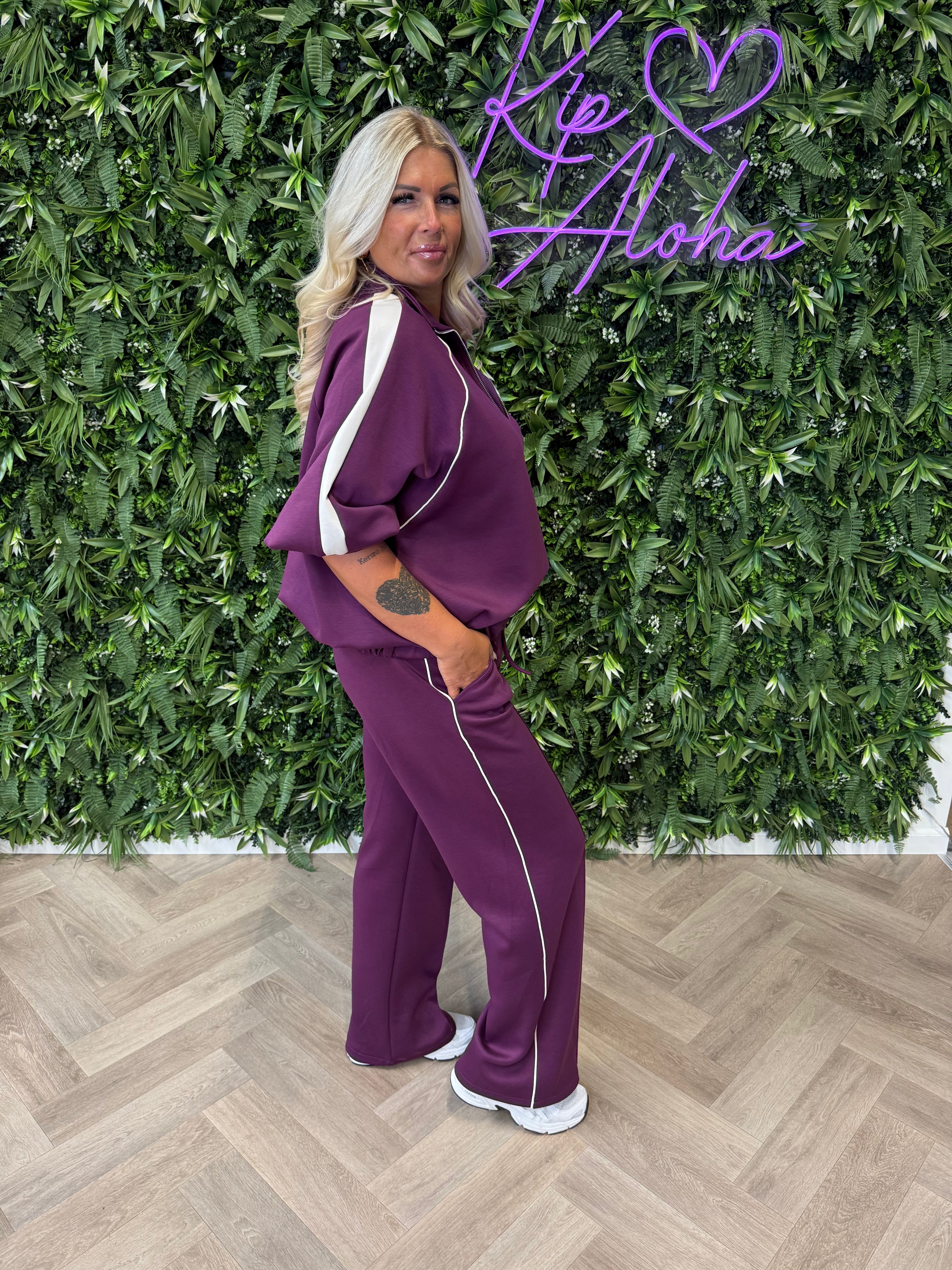 Tweedelig pak vest 3/4e mouwen aubergine