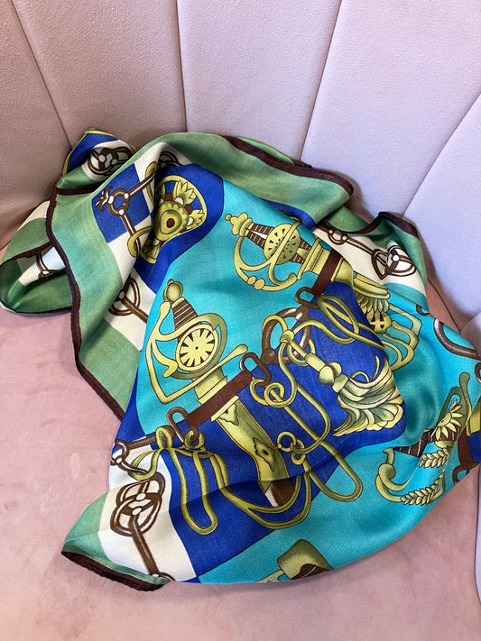 Kleine sjaal met print barok groen/kobaltblauw