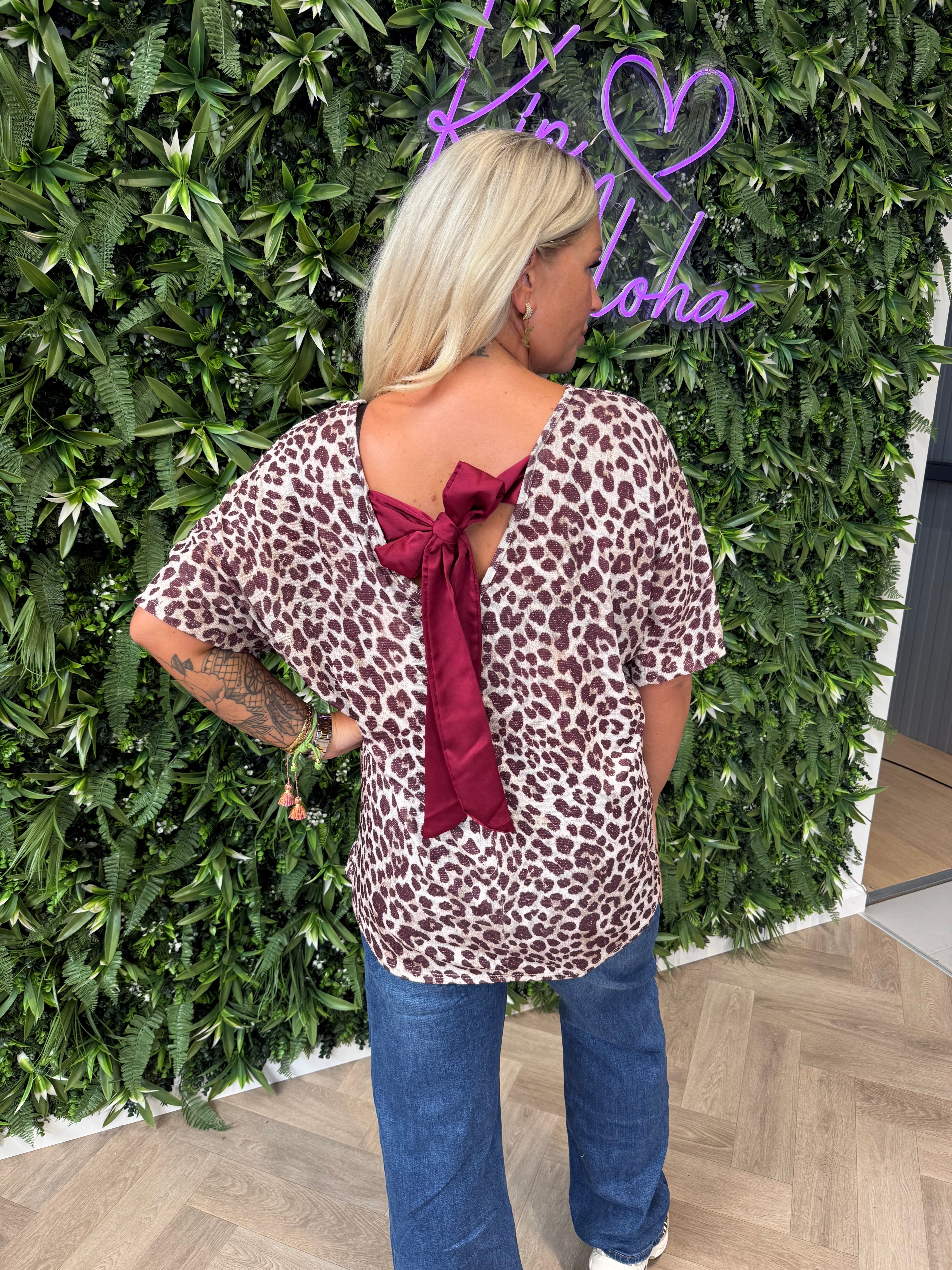 Top panterprint strik op de rug bordeaux