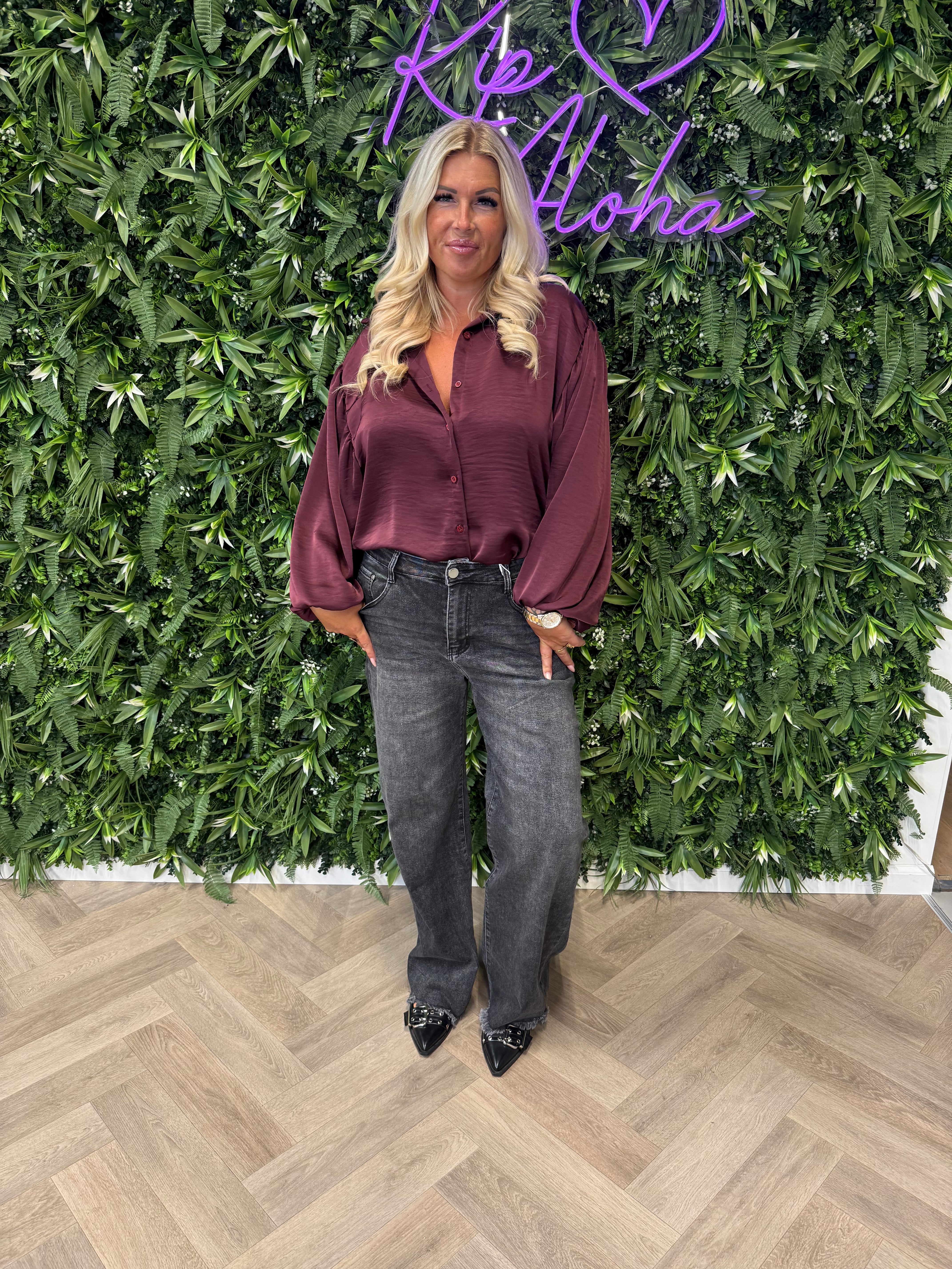 Silky blouse pofmouwen bordeaux