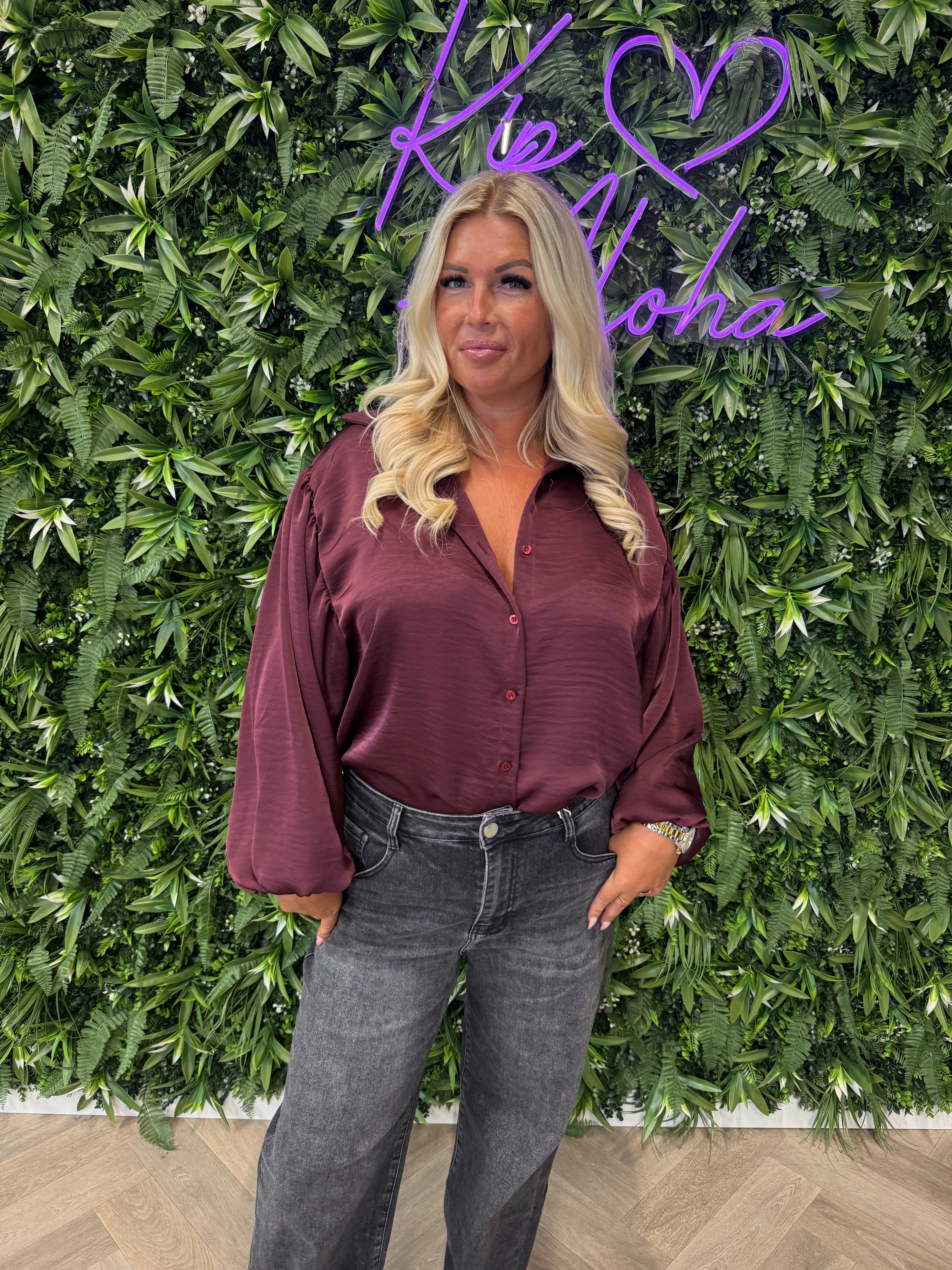 Silky blouse pofmouwen bordeaux