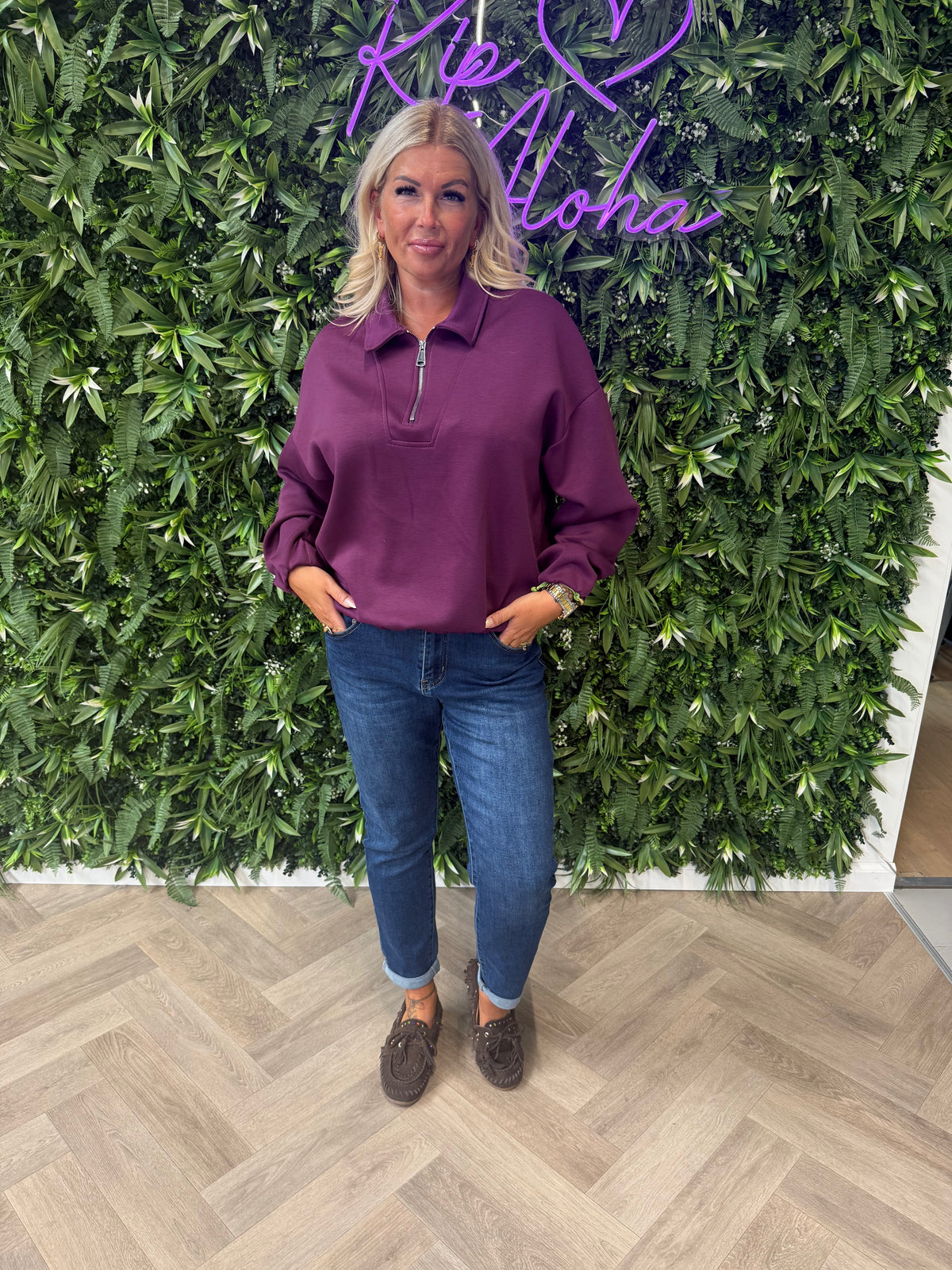 Trui met rits kraag uni aubergine