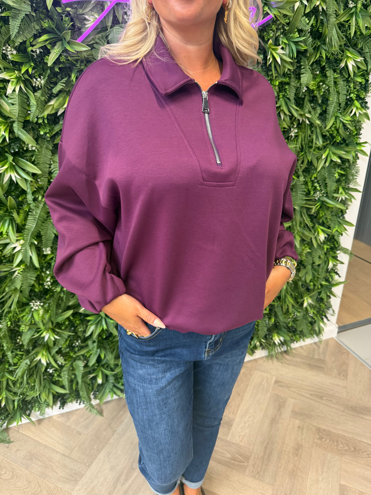 Trui met rits kraag uni aubergine