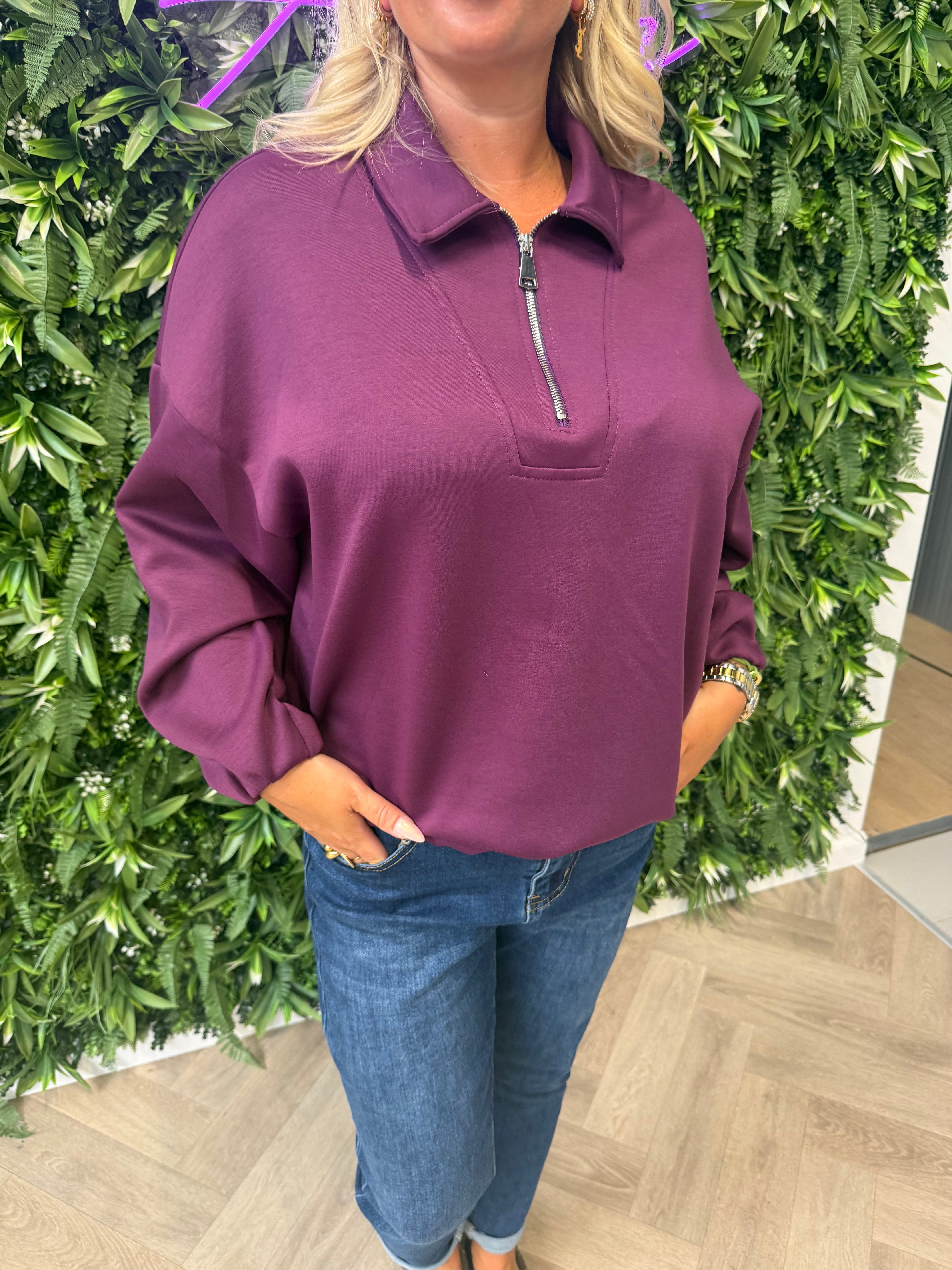 Trui met rits kraag uni aubergine