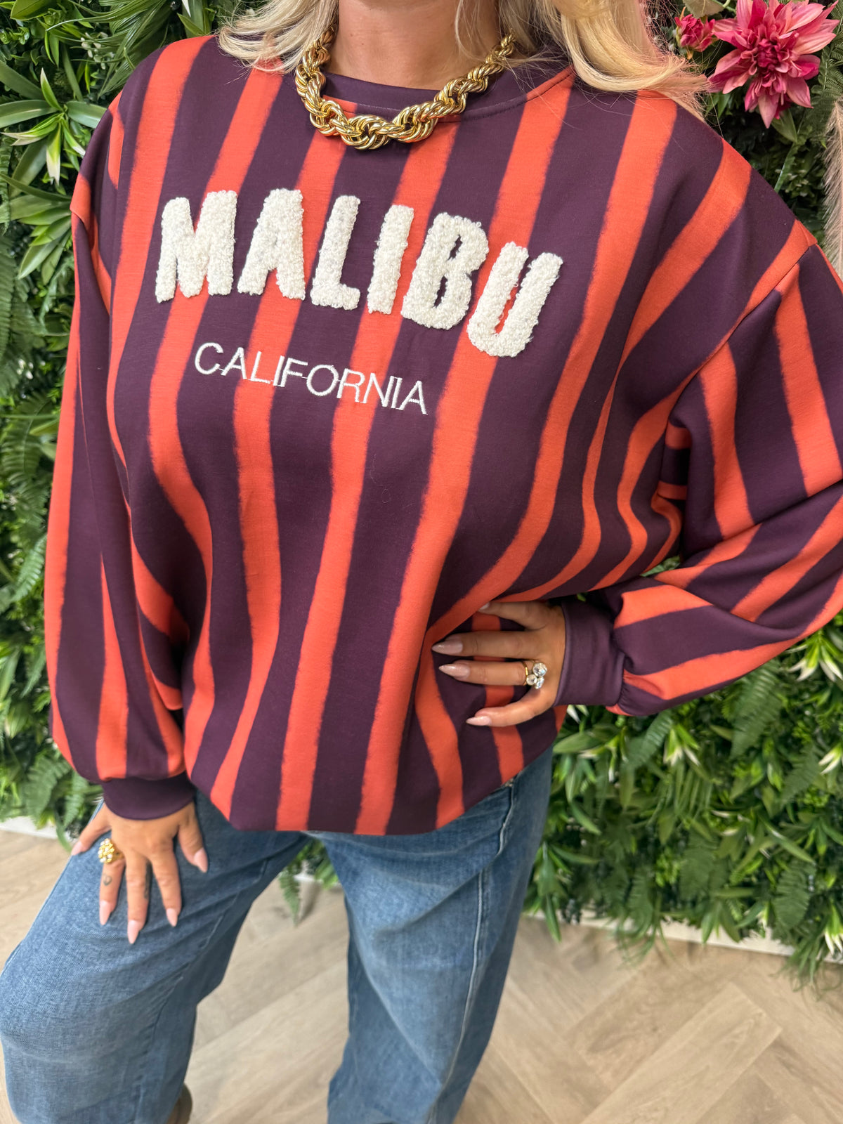 Gestreepte sweater malibu oranje/aubergine
