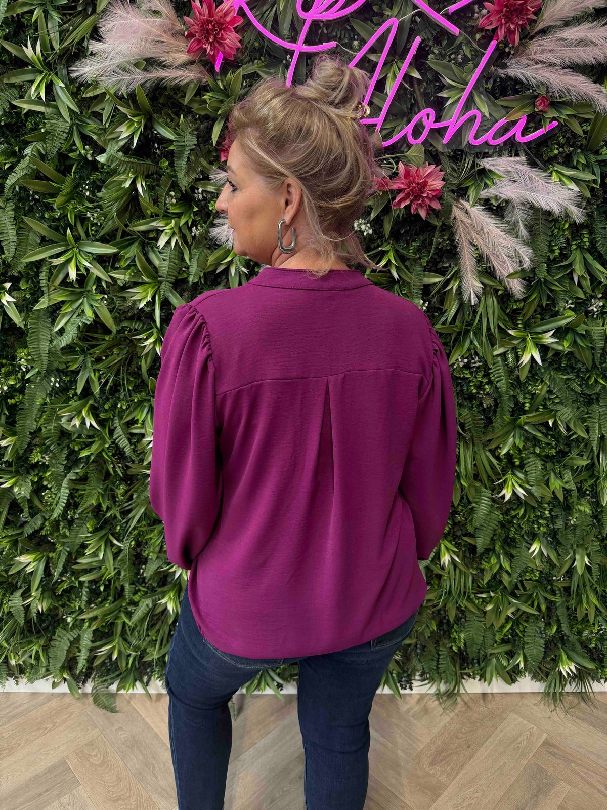 Blouse roezel met pofmouwen cyclaam