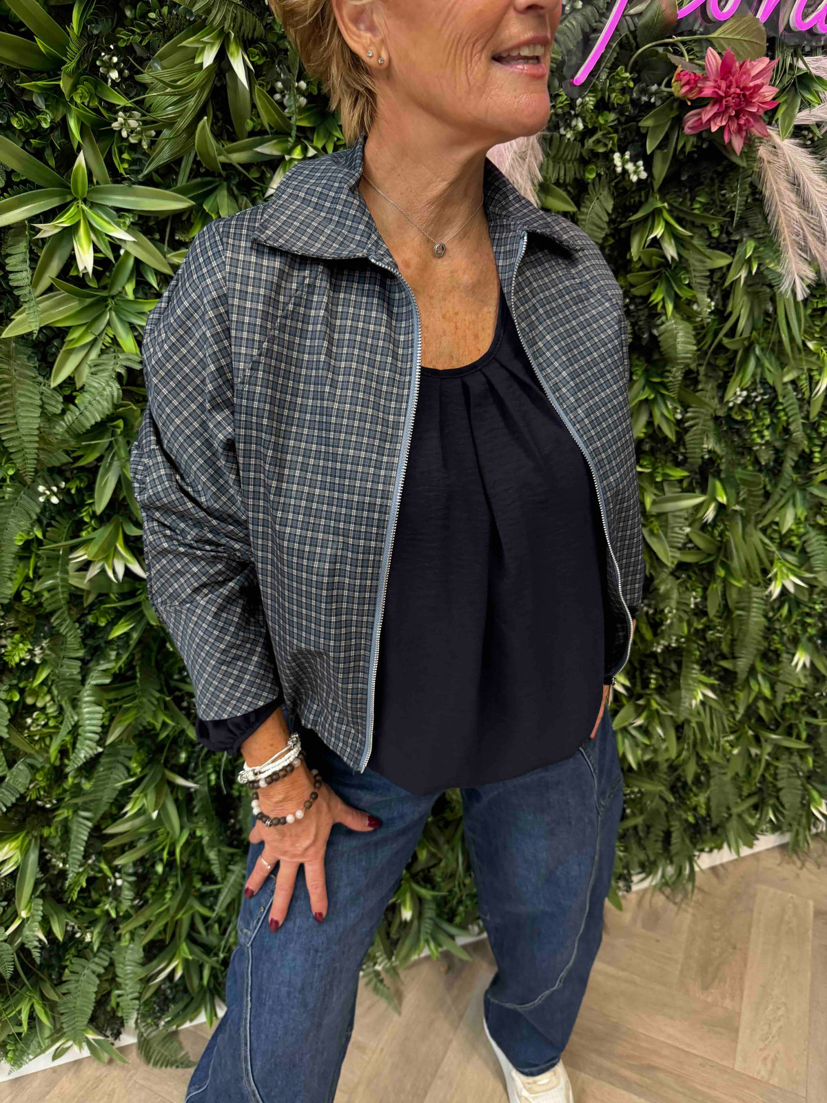 Bomber kleine ruit jeansblauw