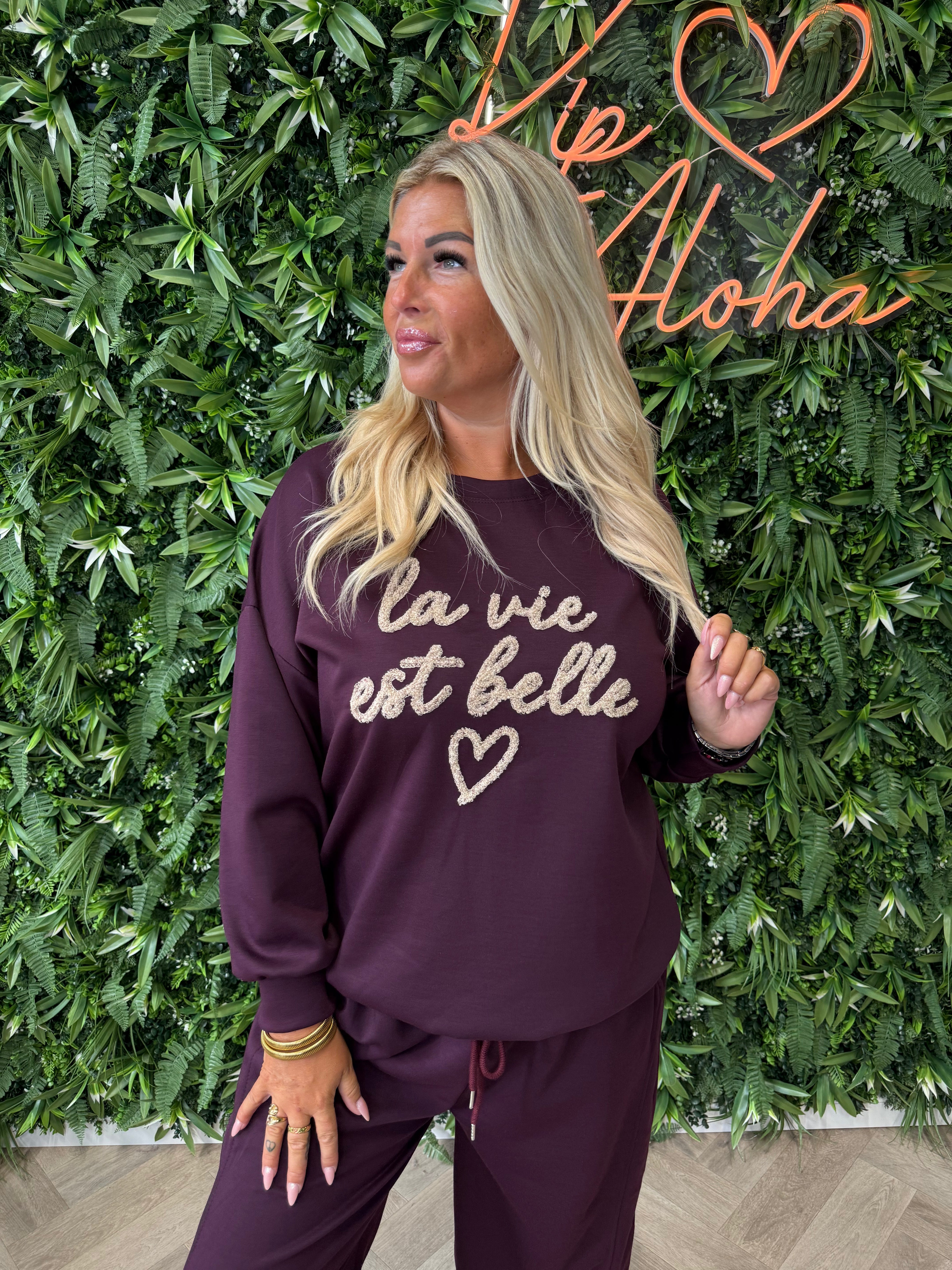 Tweedelig pak la vie est belle aubergine