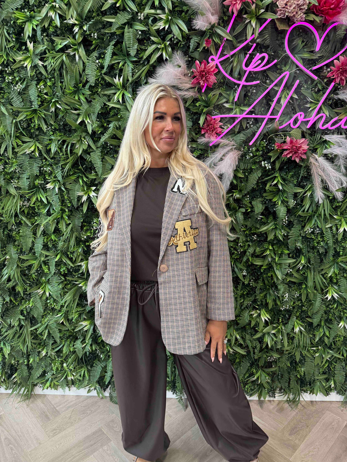 Blazer kleine ruit teddy applicatie lichtbruin
