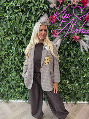 Blazer kleine ruit teddy applicatie lichtbruin