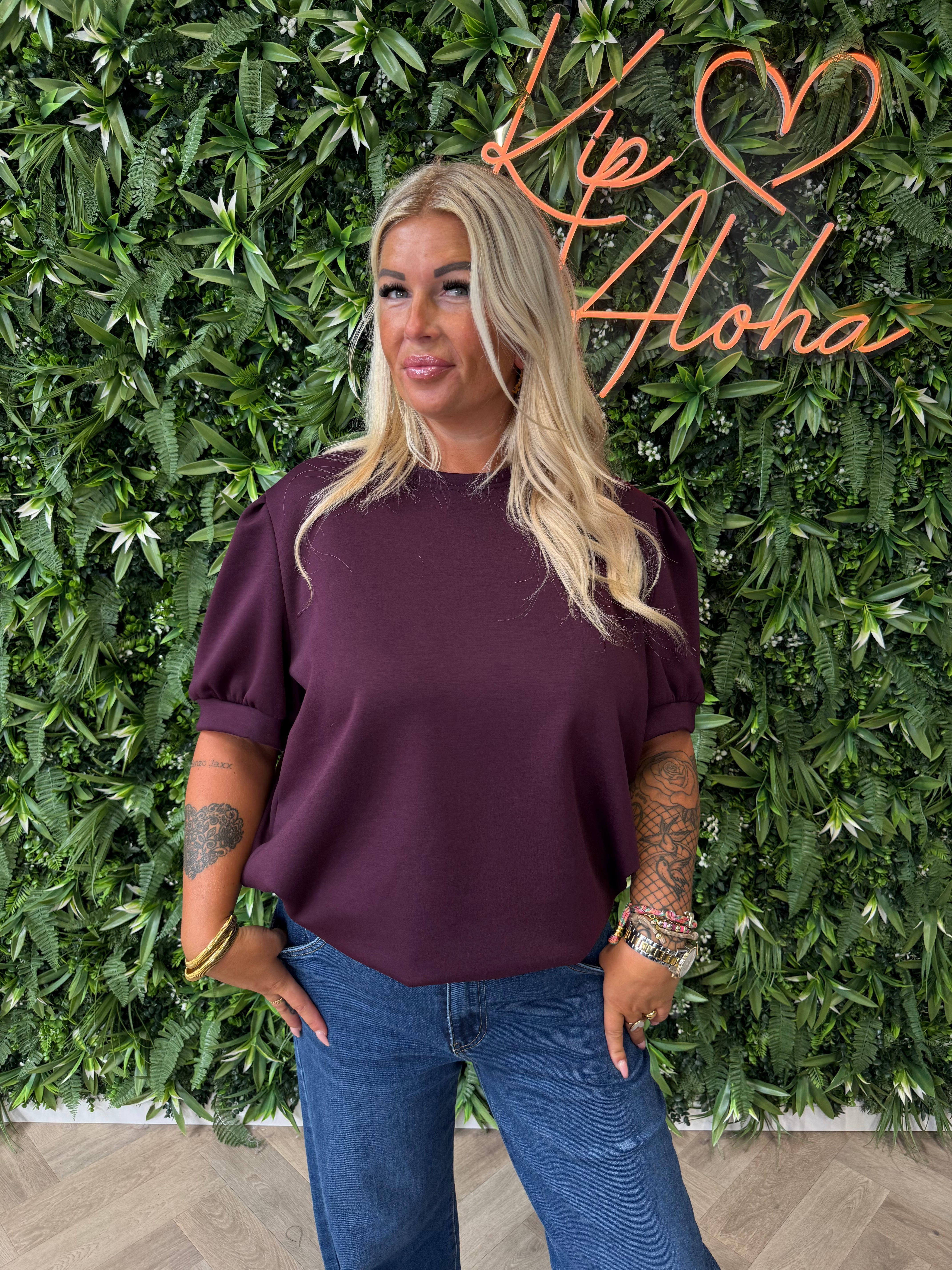 Sweater korte pofmouwen aubergine