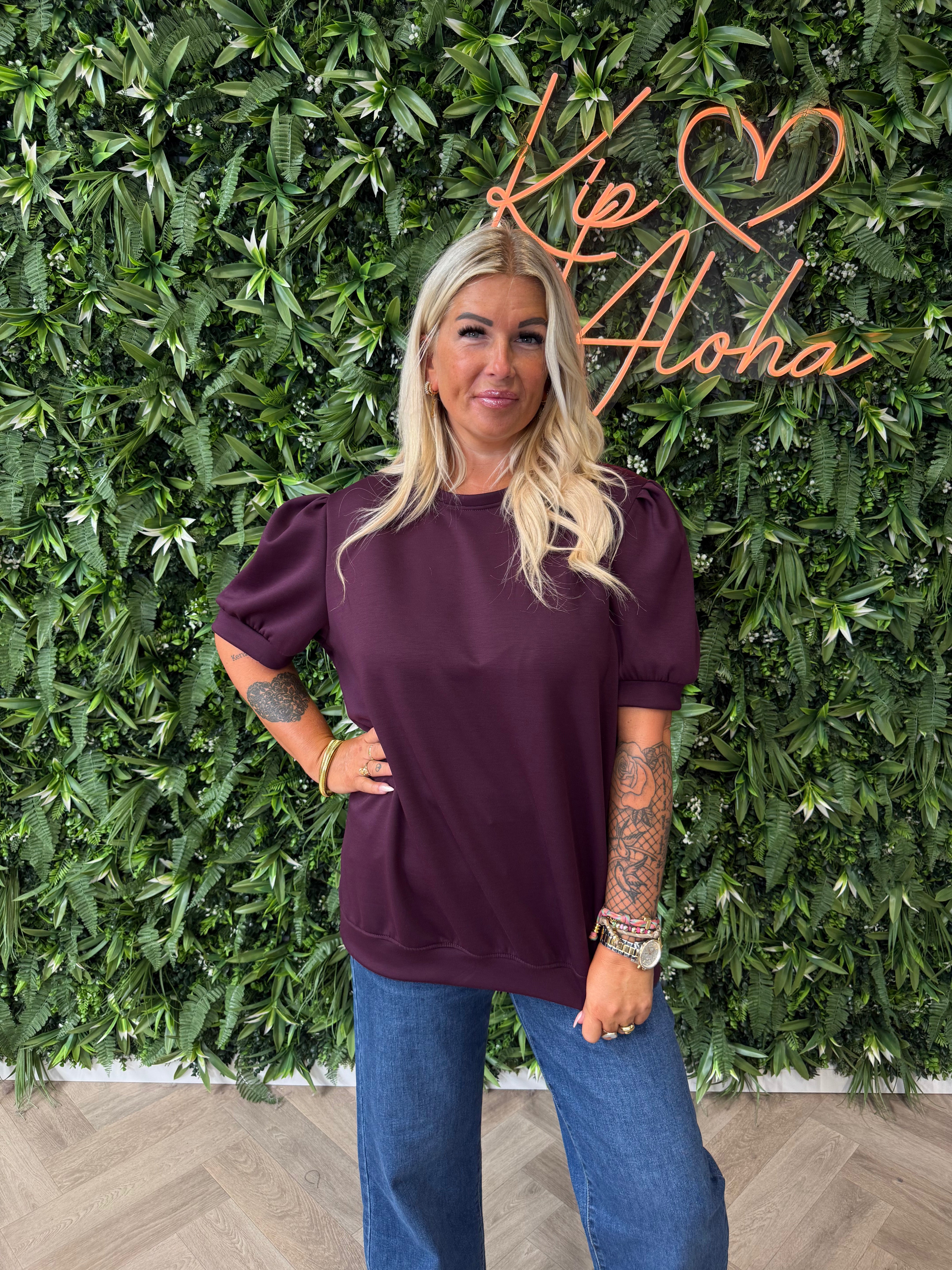 Sweater korte pofmouwen aubergine