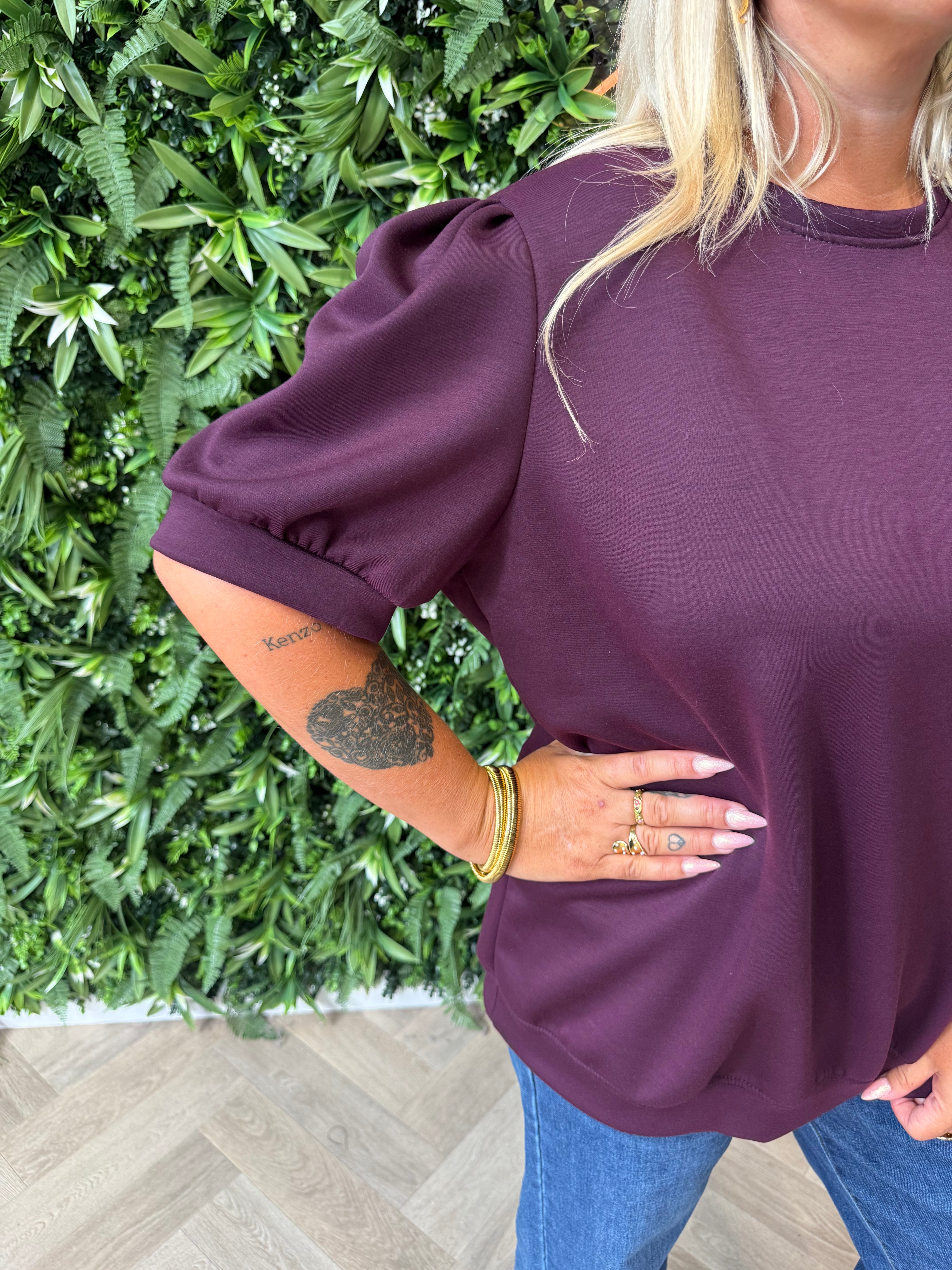 Sweater korte pofmouwen aubergine