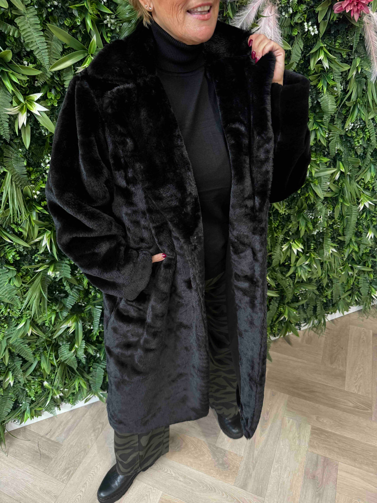 Lange faux fur mantel jas zwart