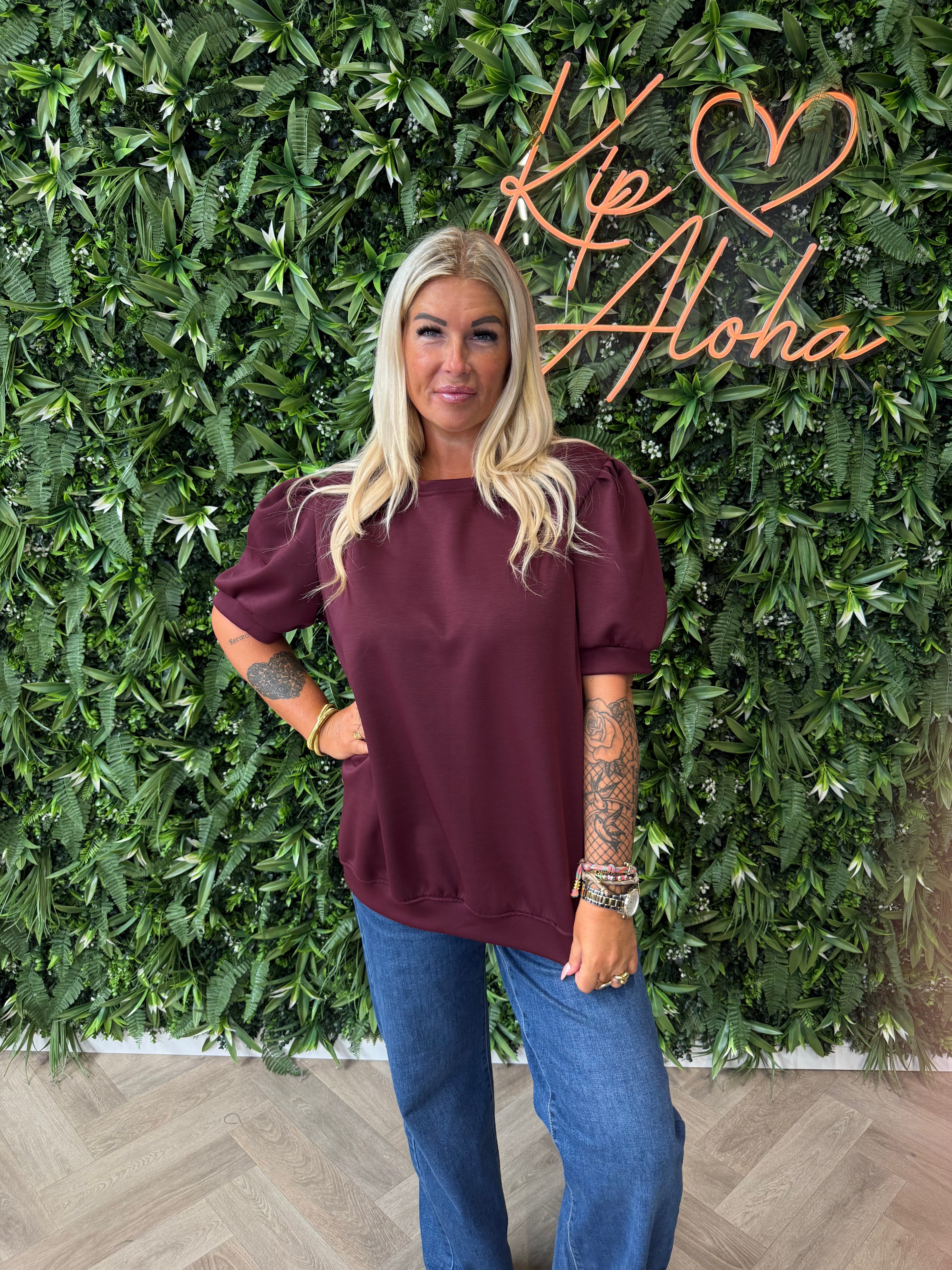 Sweater korte pofmouwen bordeaux