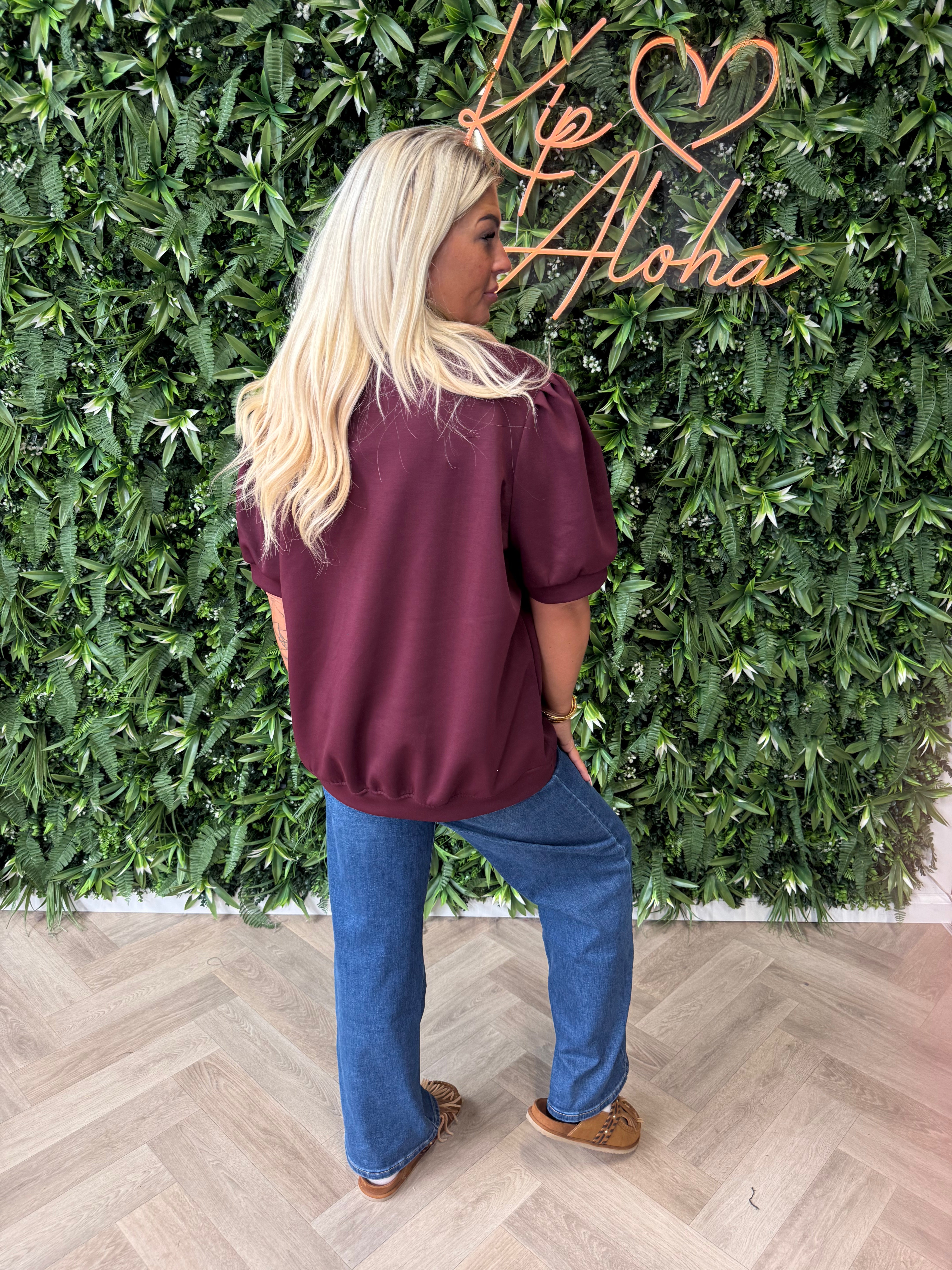 Sweater korte pofmouwen bordeaux