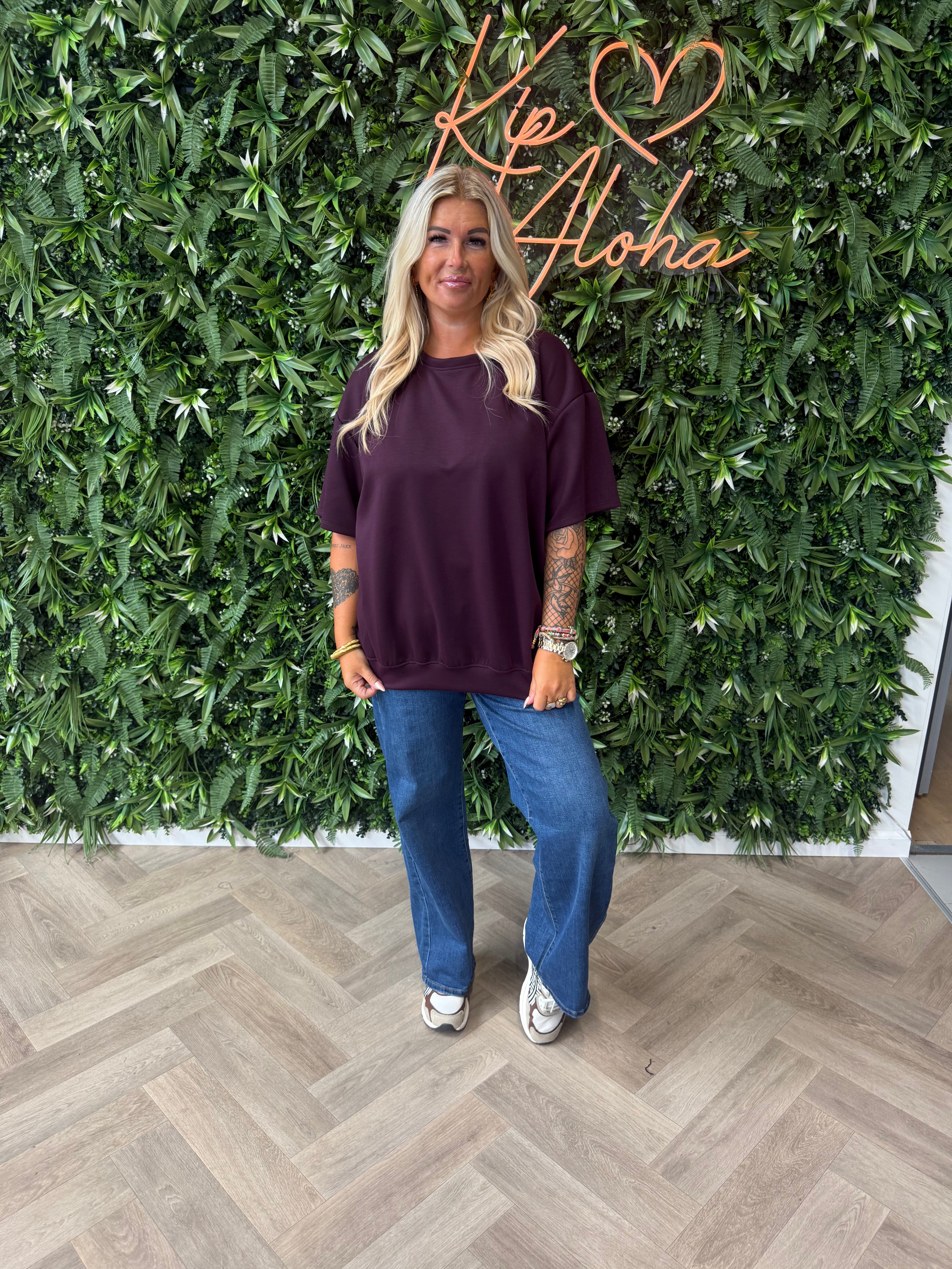 Sweater korte mouwen uni aubergine