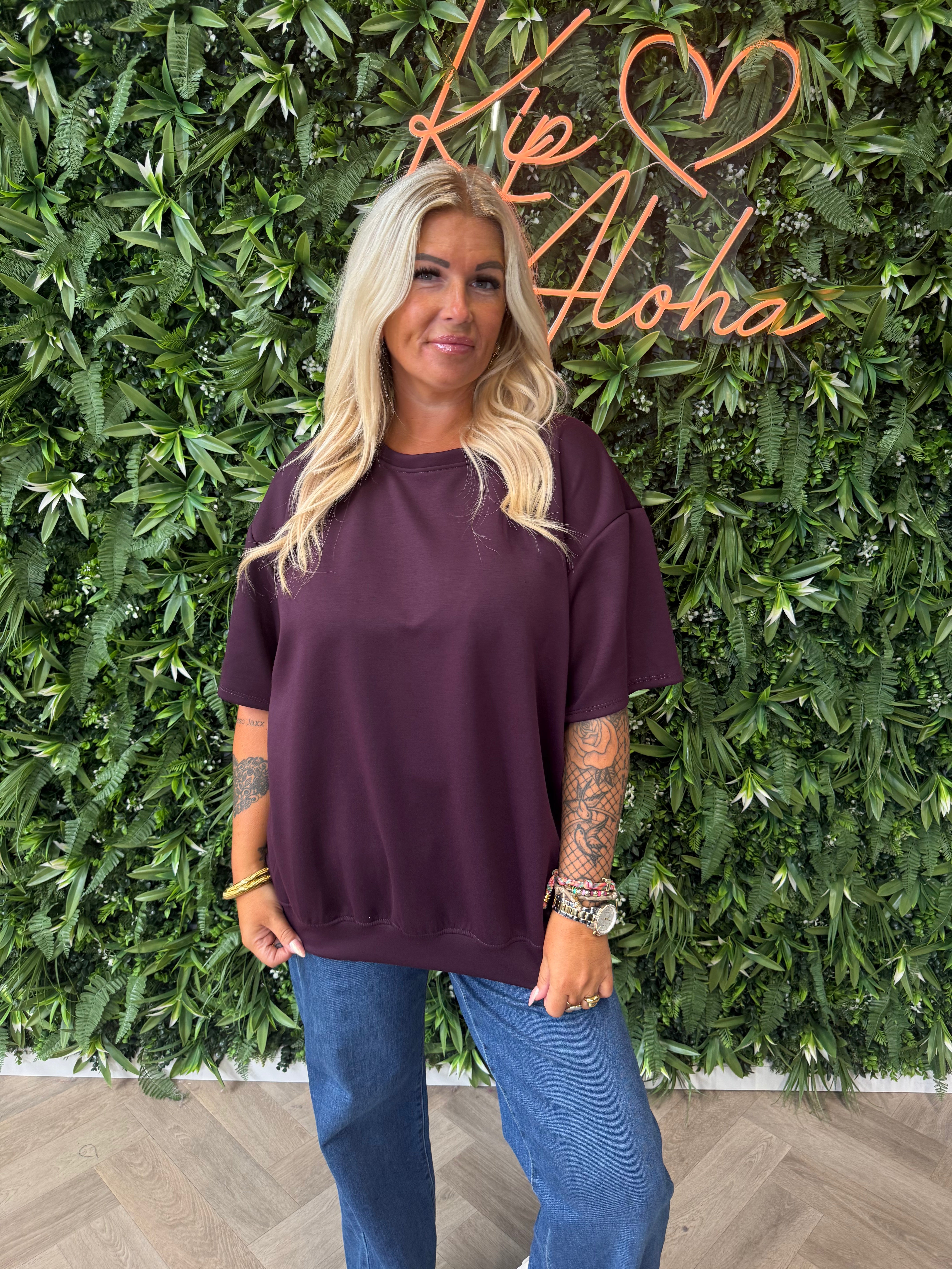 Sweater korte mouwen uni aubergine