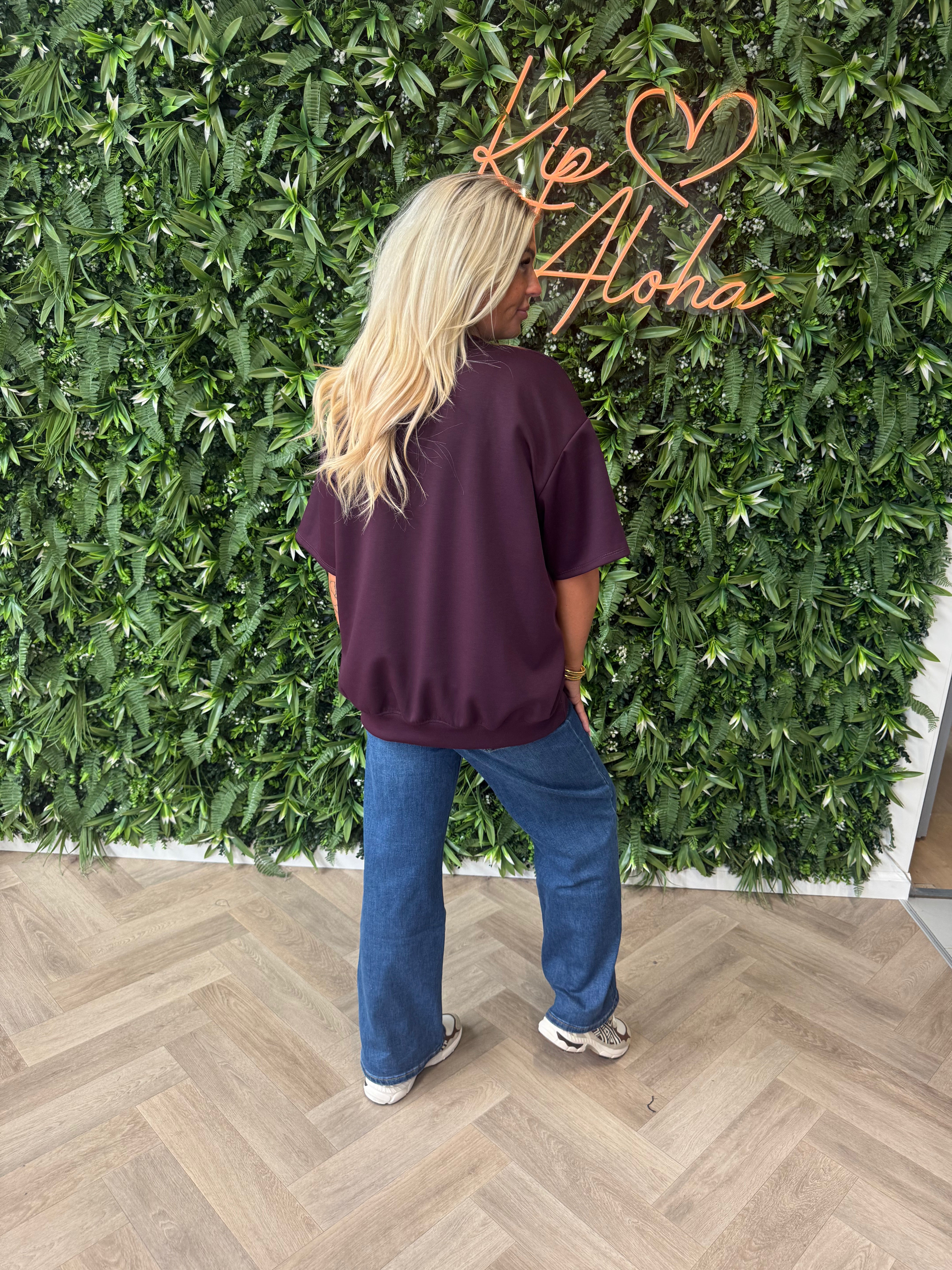 Sweater korte mouwen uni aubergine