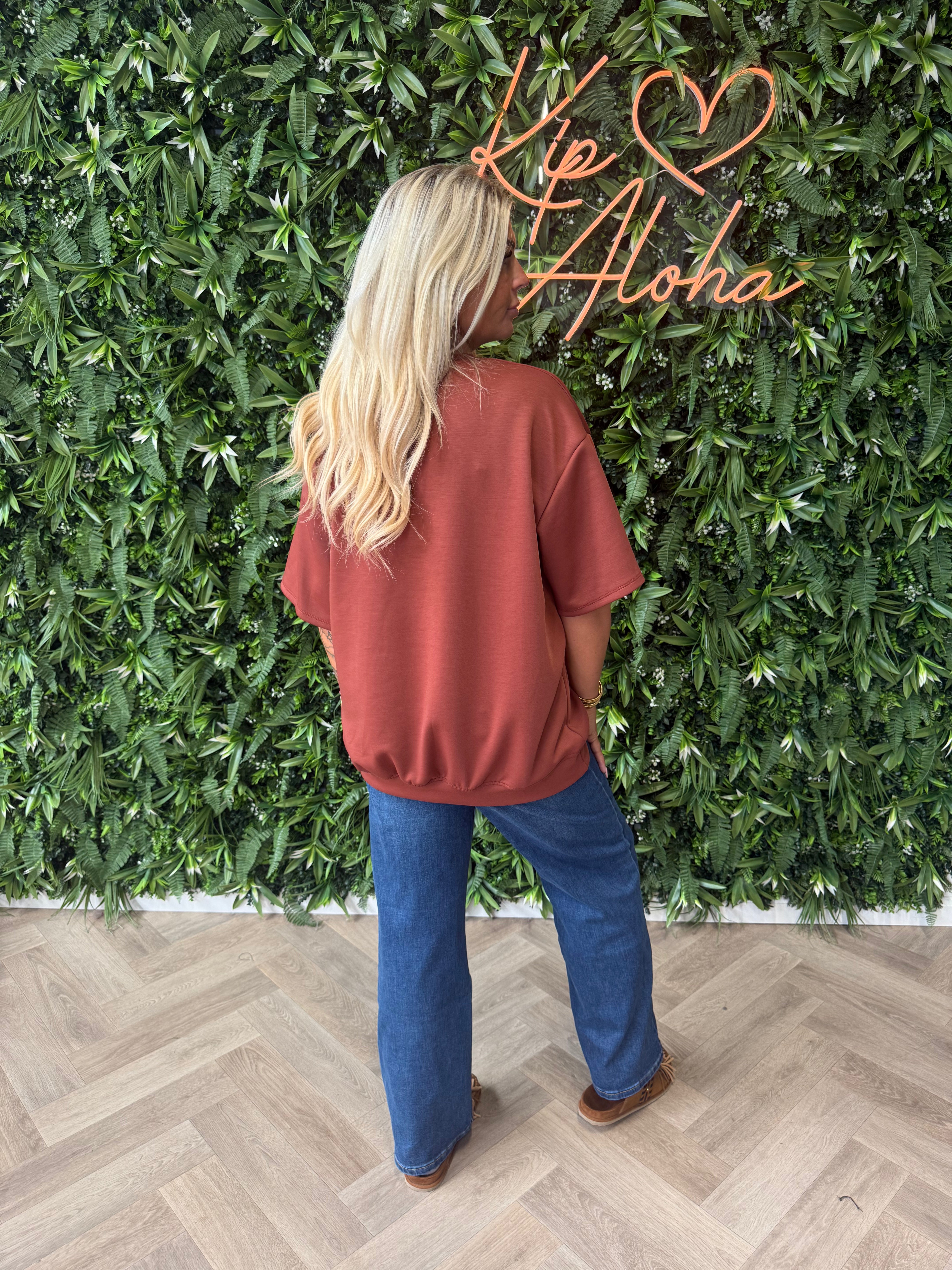 Sweater korte mouwen uni terracotta