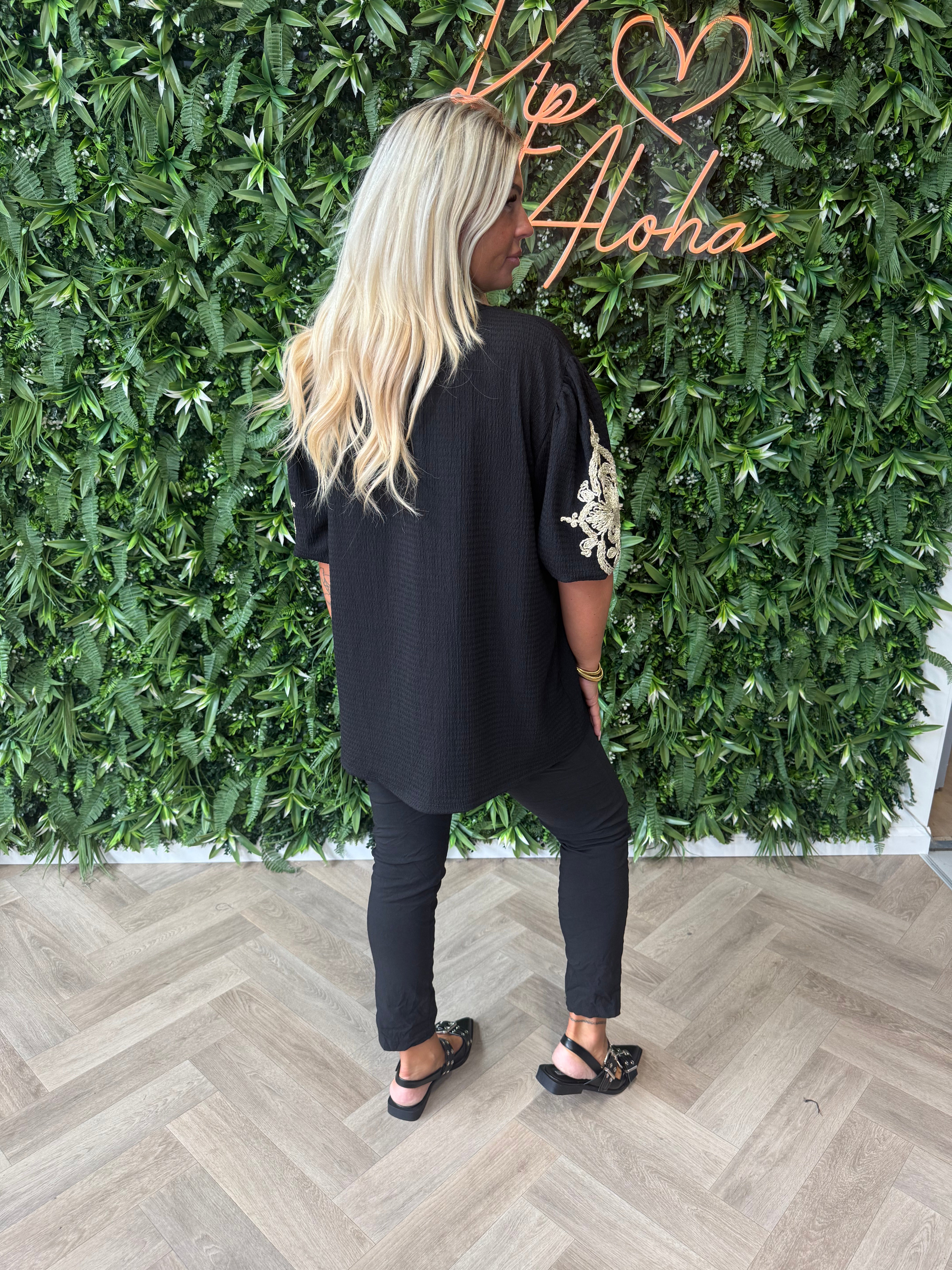 Crepe top korte pofmouwen zwart