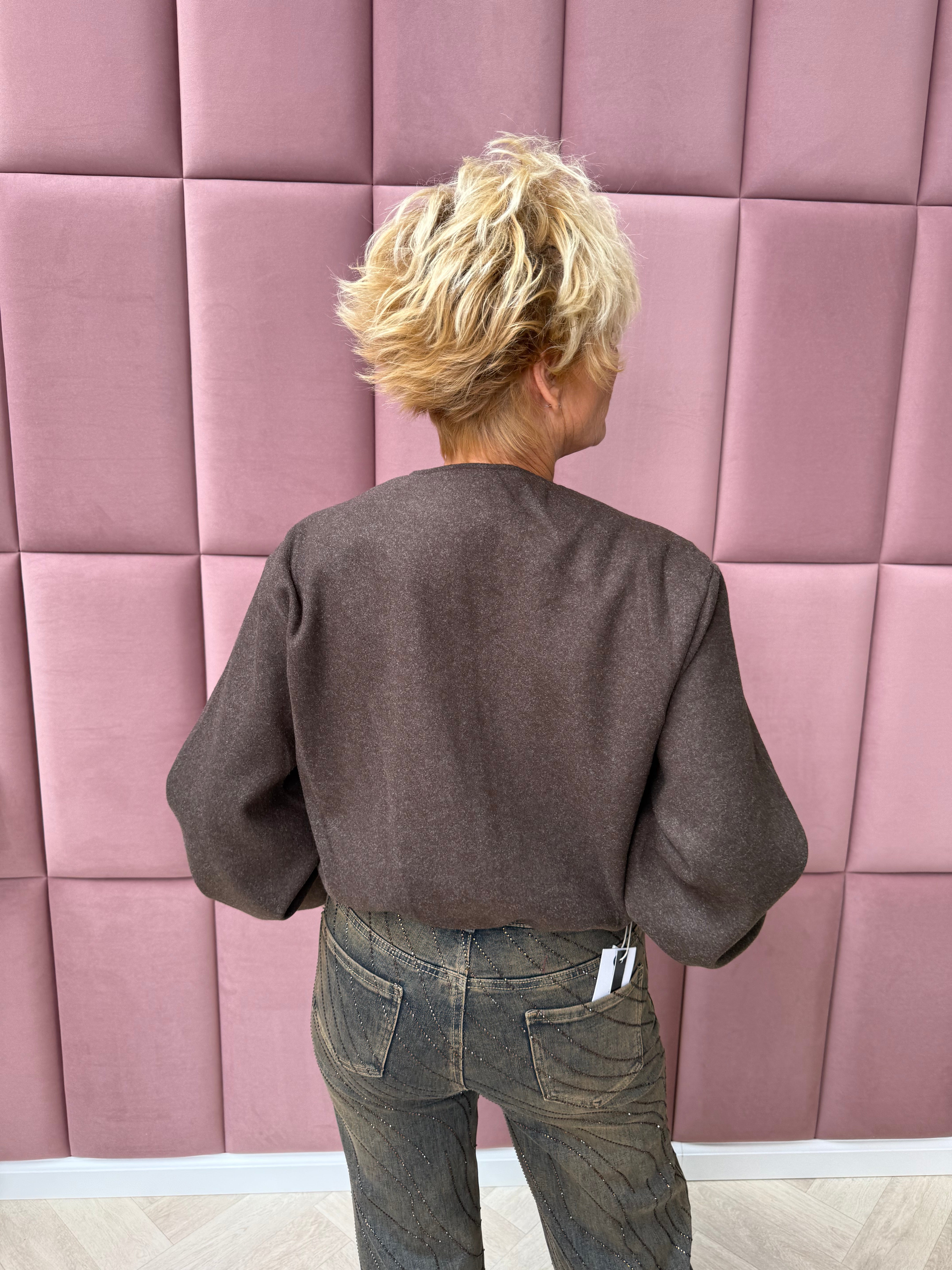 Korte bomber met pofmouwen donkerbruin