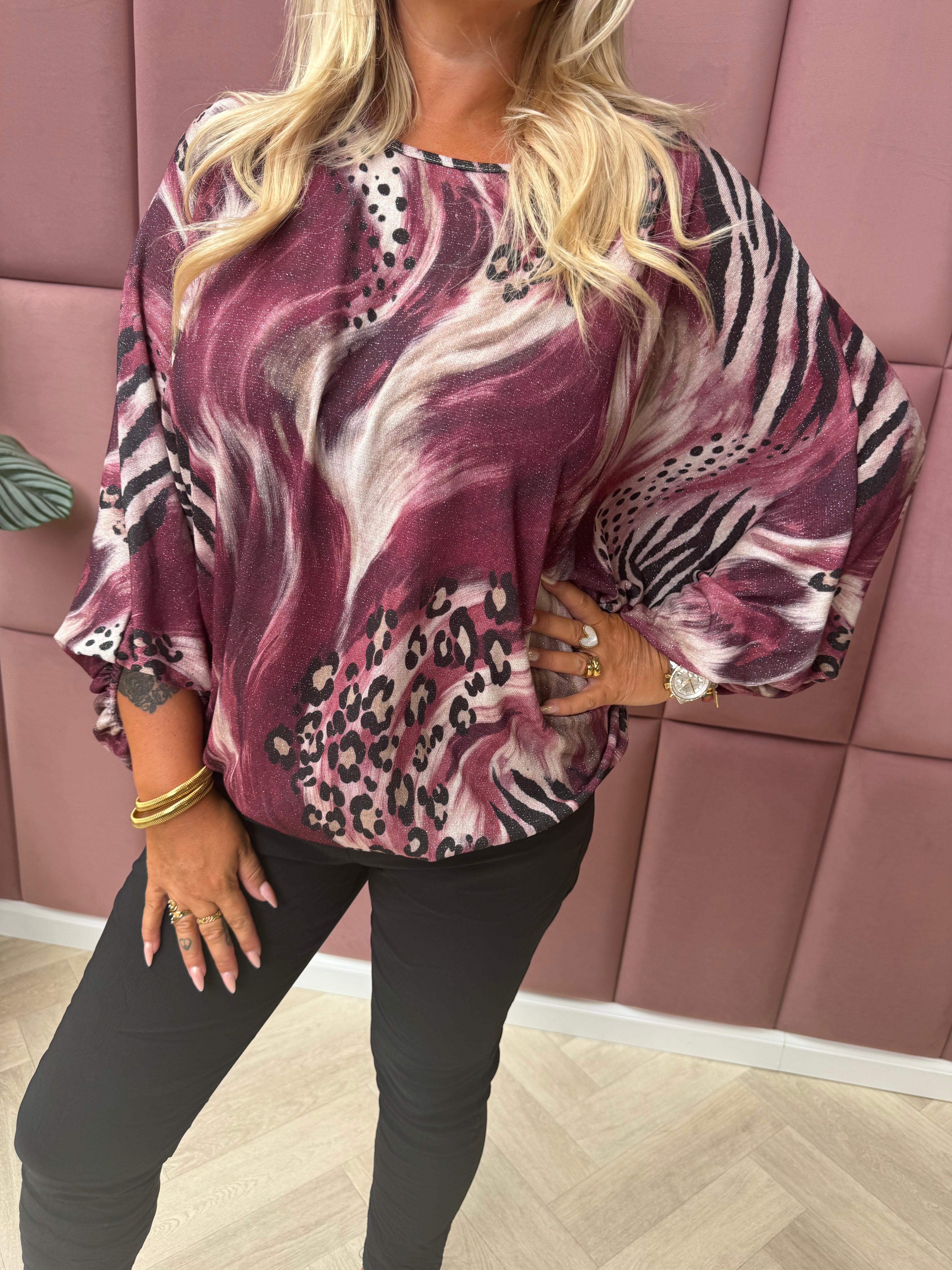 Shirt 3/4e mouwen swirl en panter magenta