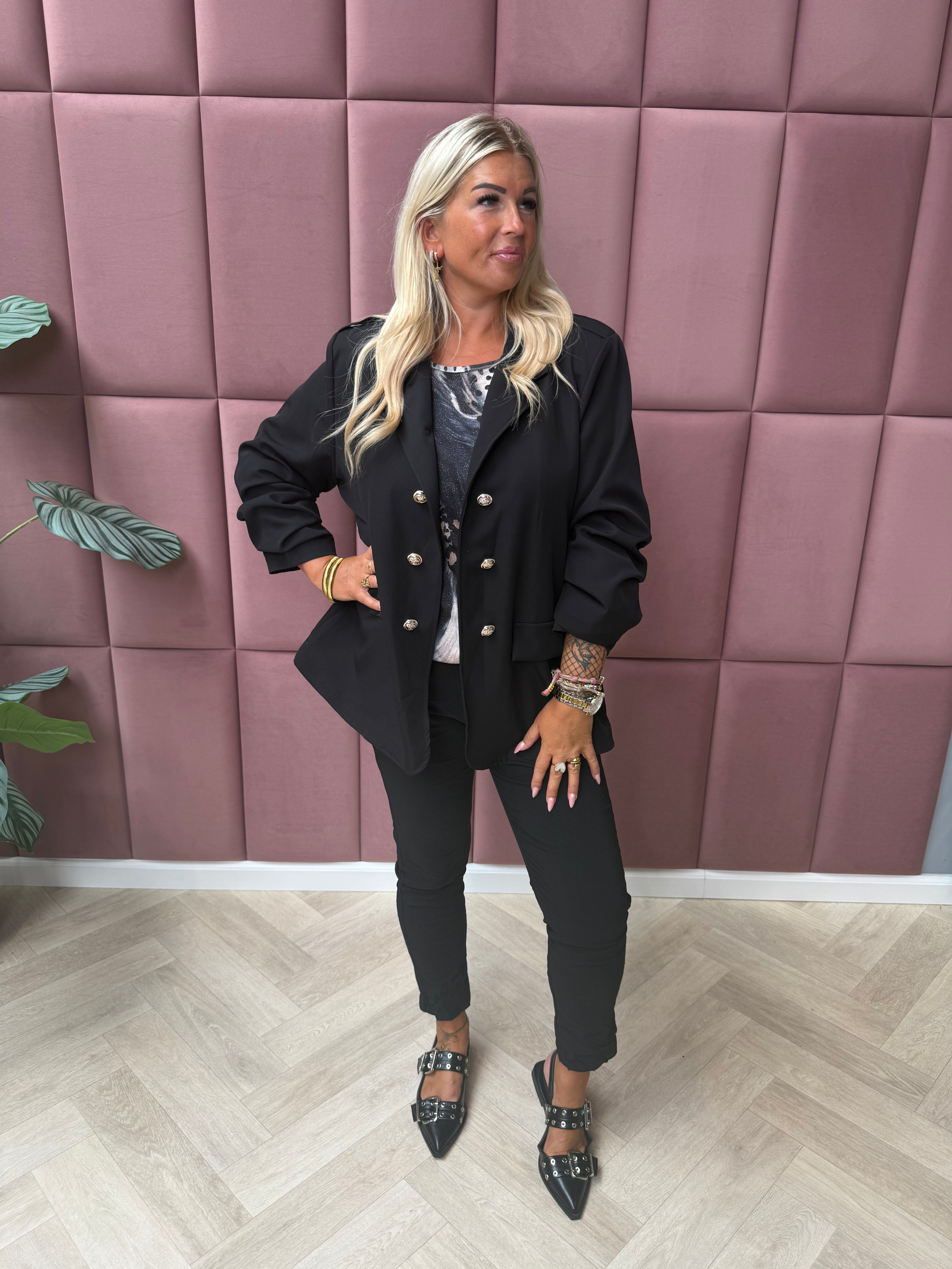 Blazer ophaalmouwen sierknopen zwart