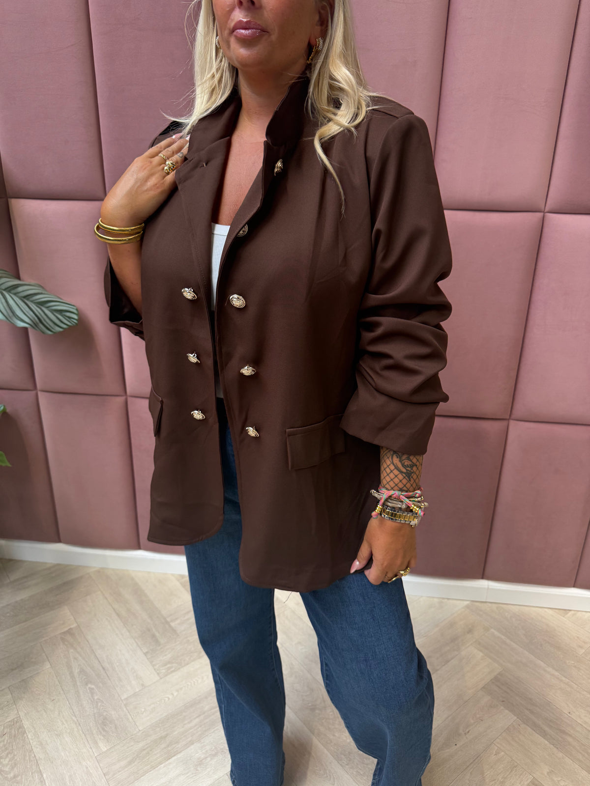 Blazer ophaalmouwen sierknopen donkerbruin