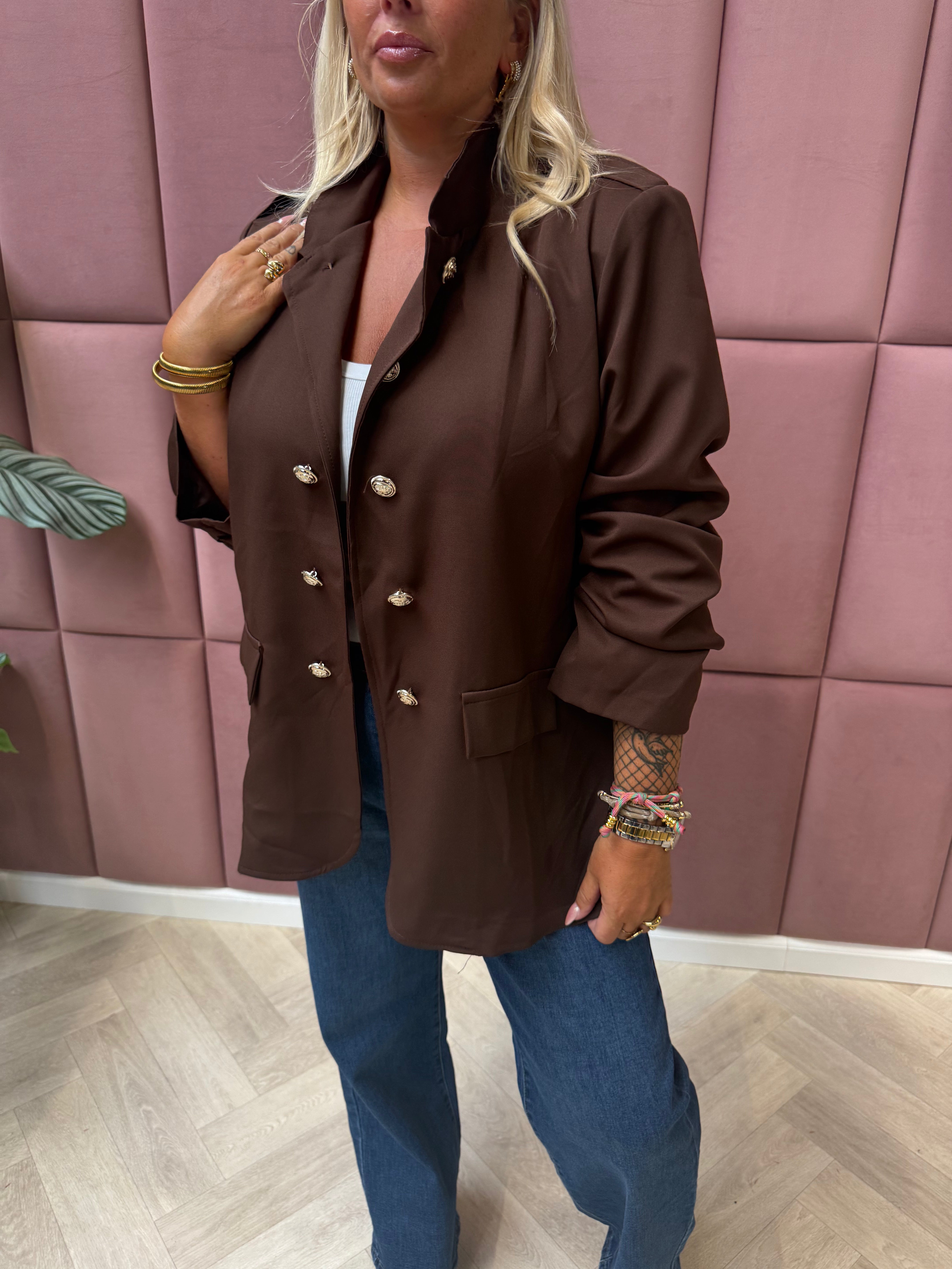 Blazer ophaalmouwen sierknopen donkerbruin