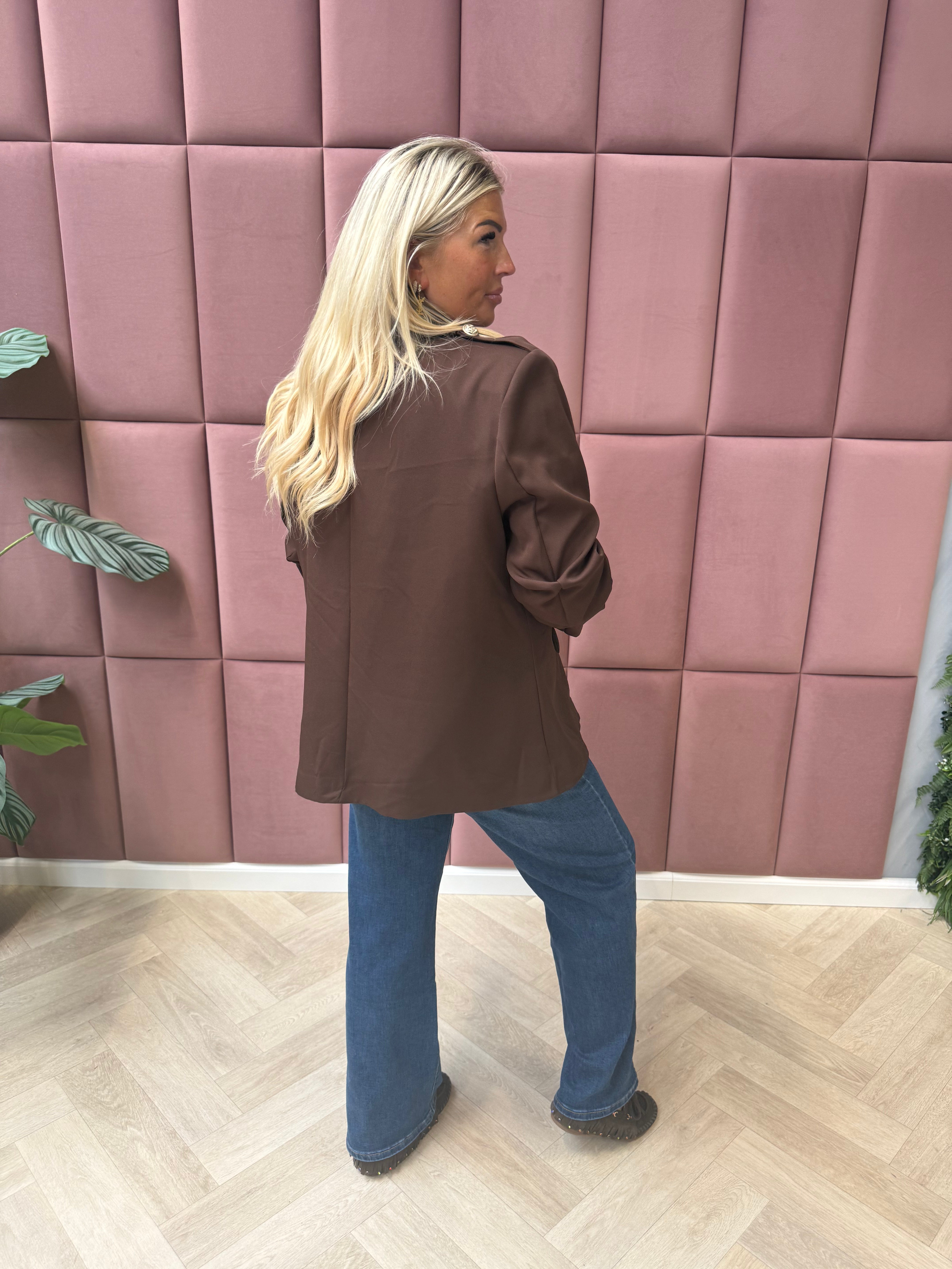 Blazer ophaalmouwen sierknopen donkerbruin