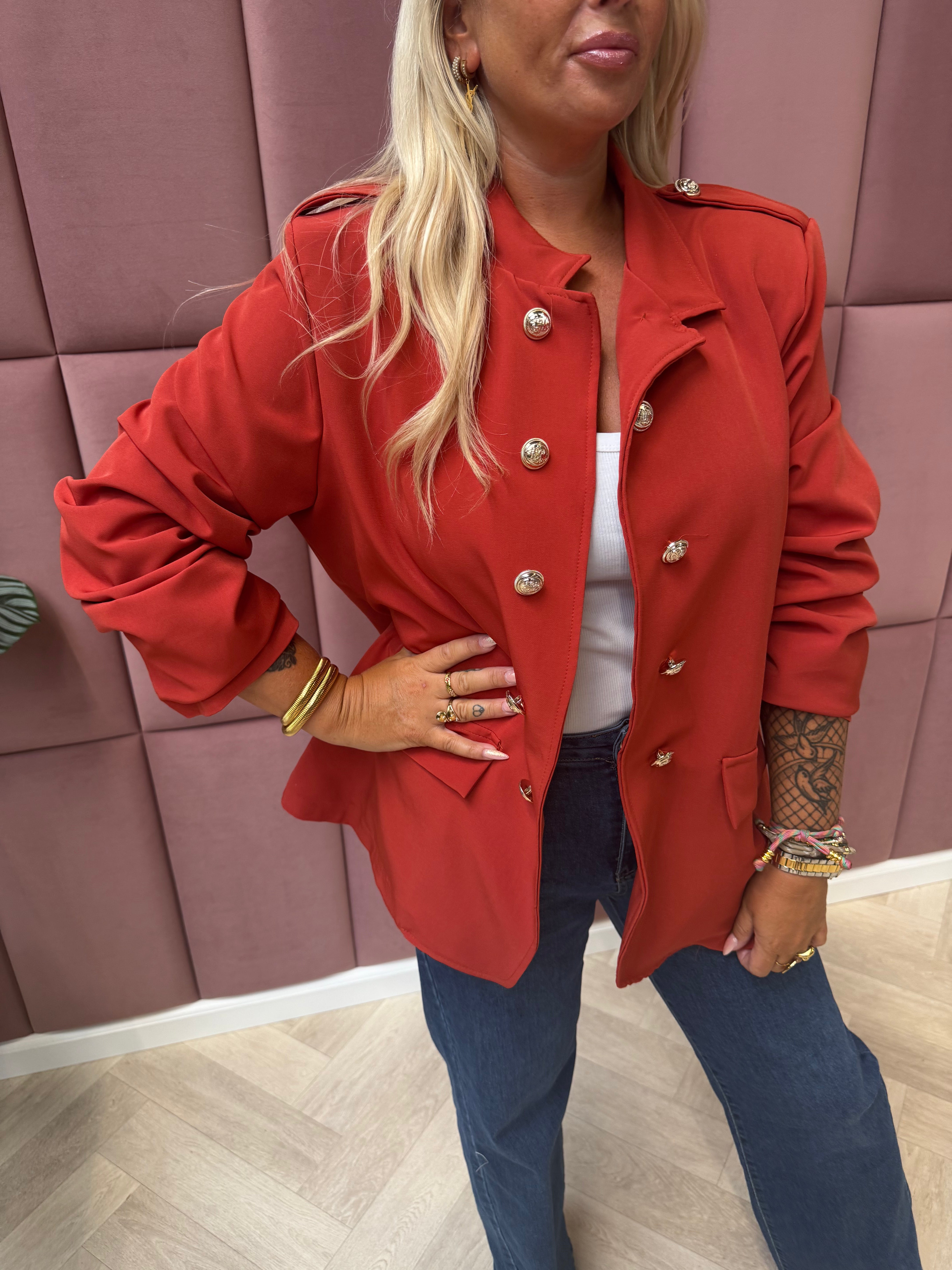 Blazer ophaalmouwen sierknopen koraalrood
