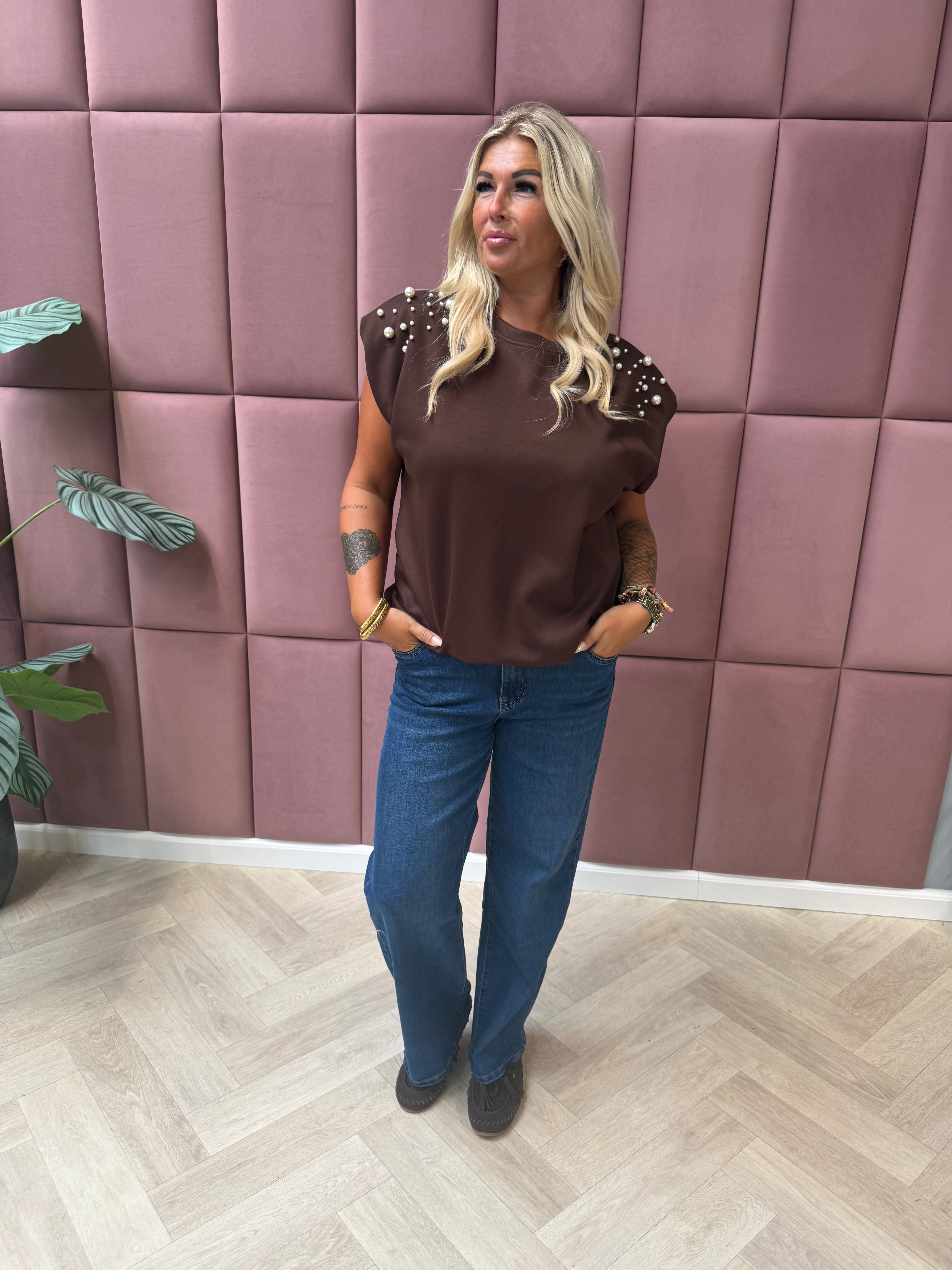 Shirt kapmouwen parels bruin