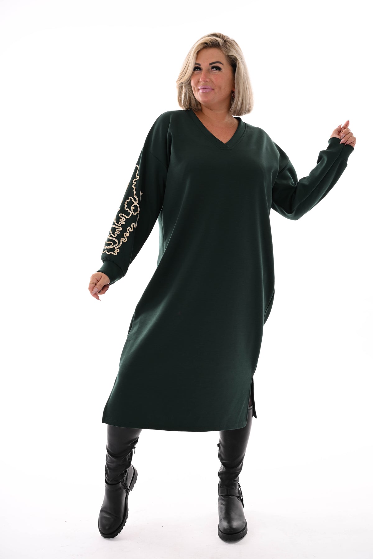 Sweaterdress gouden borduursels donkergroen