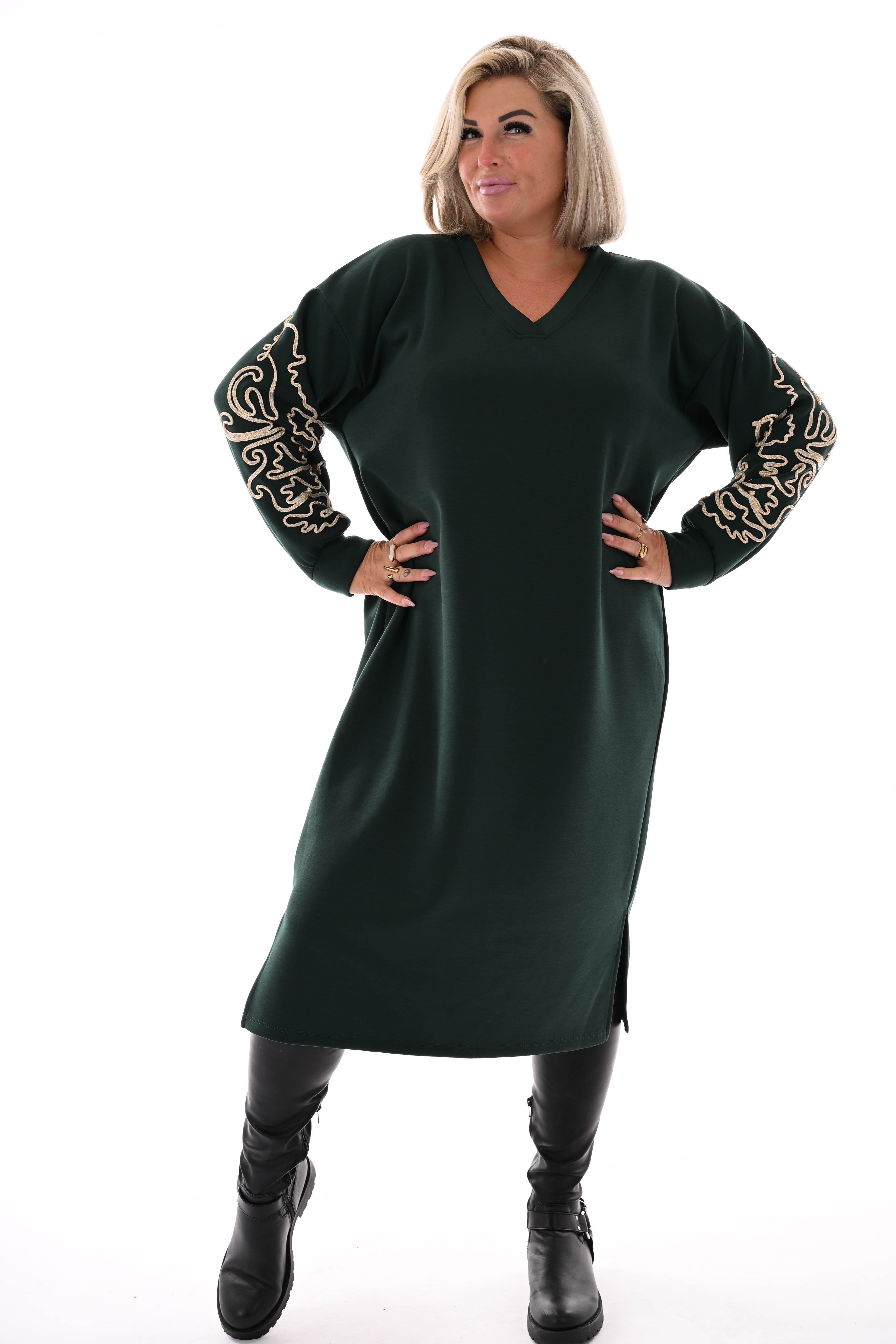 Sweaterdress gouden borduursels donkergroen